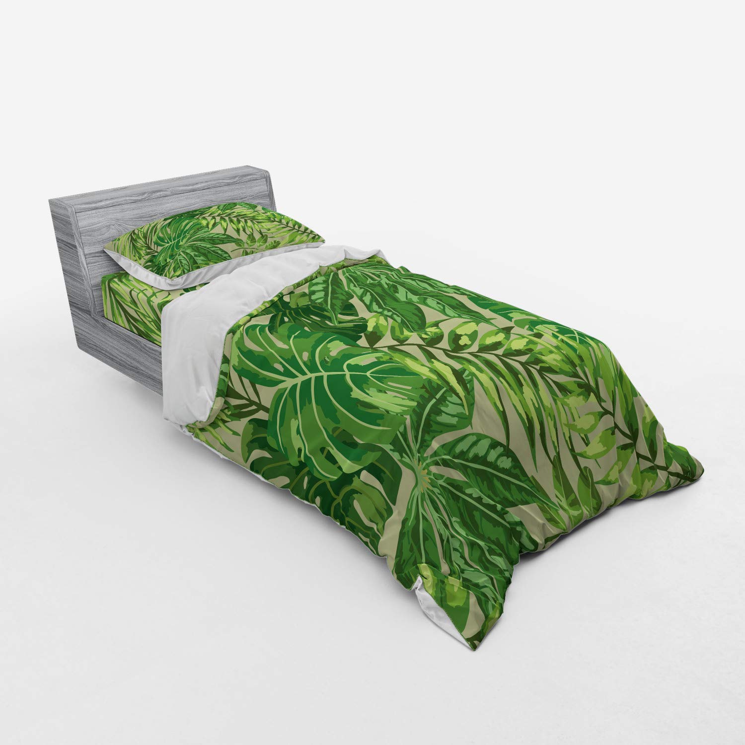 Ambesonne Tropical Leaf Duvet Cover Set - 3 Piece Bedding with Sham & Fitted Sheet, Twin Size in Fern Green & Beige | Exotic Jungle Pattern for Hawaiian & Boho Bedroom Decor | Perfect for Beach House, Vacation Rental or Tropical Theme Bedroom