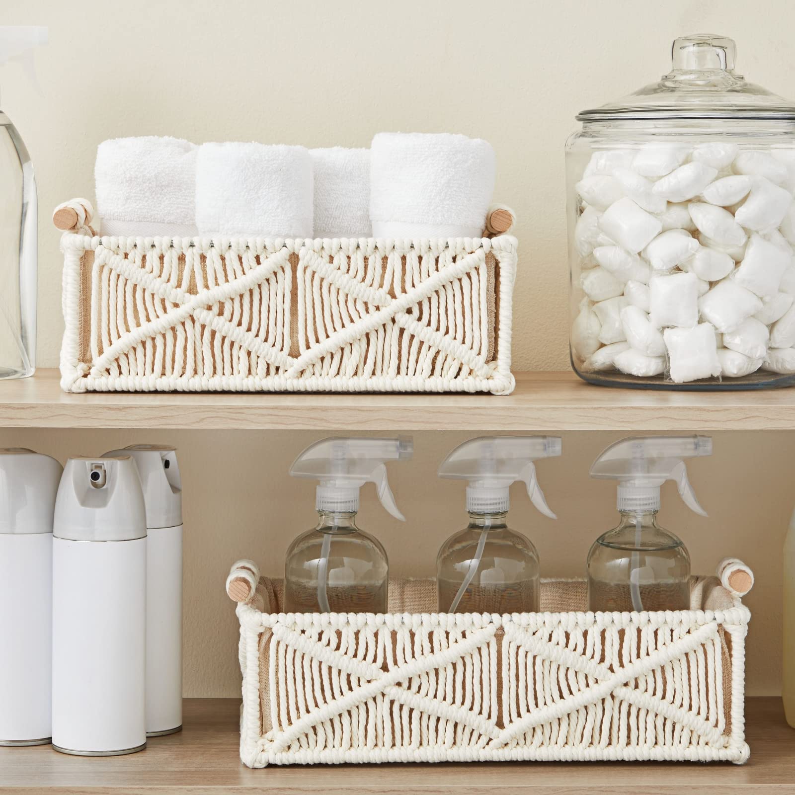 Okuna Outpost Set of 2 Macrame Storage Baskets with Wood Handles - Woven Home Decor Organizer Bins for Bedroom, Bathroom & Nursery (Ivory)