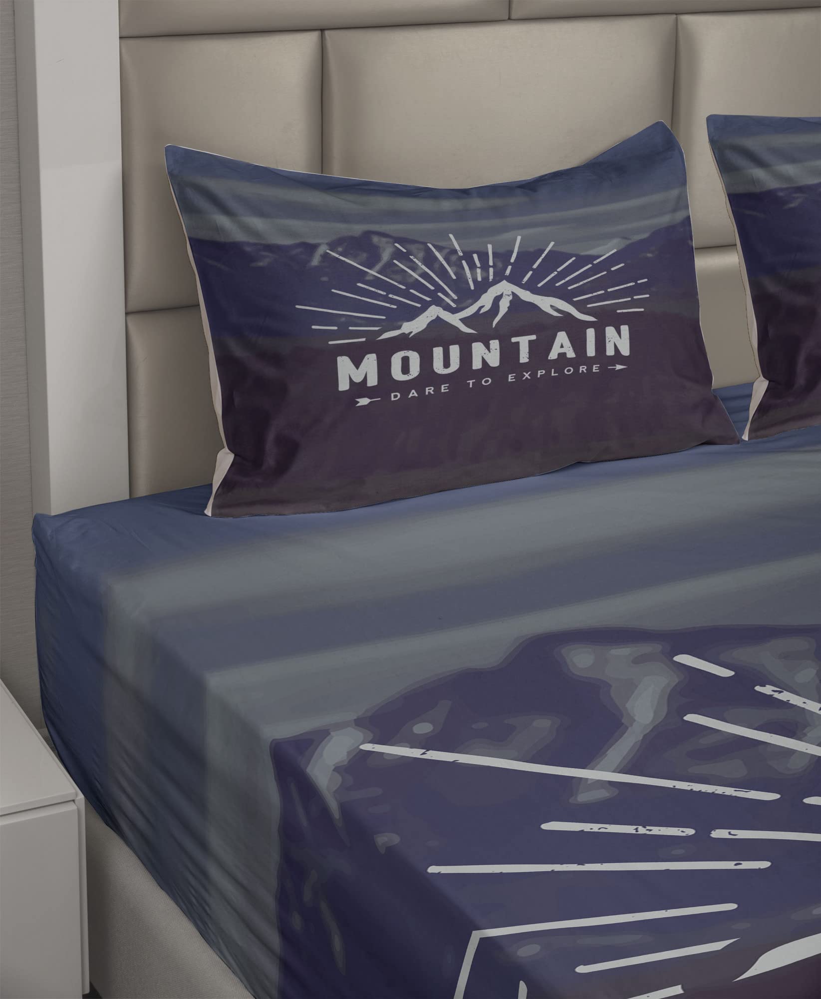 Ambesonne Adventure Themed 4-Piece King Sheet Set - Mountain Landscape Journey Design, Fitted & Flat Sheets with Pillowcases - Indigo Blue Bedding for Outdoor Enthusiasts & Travel Lovers - Perfect for Camping Cabins, Dorm Rooms & Adventure-Themed Bedrooms