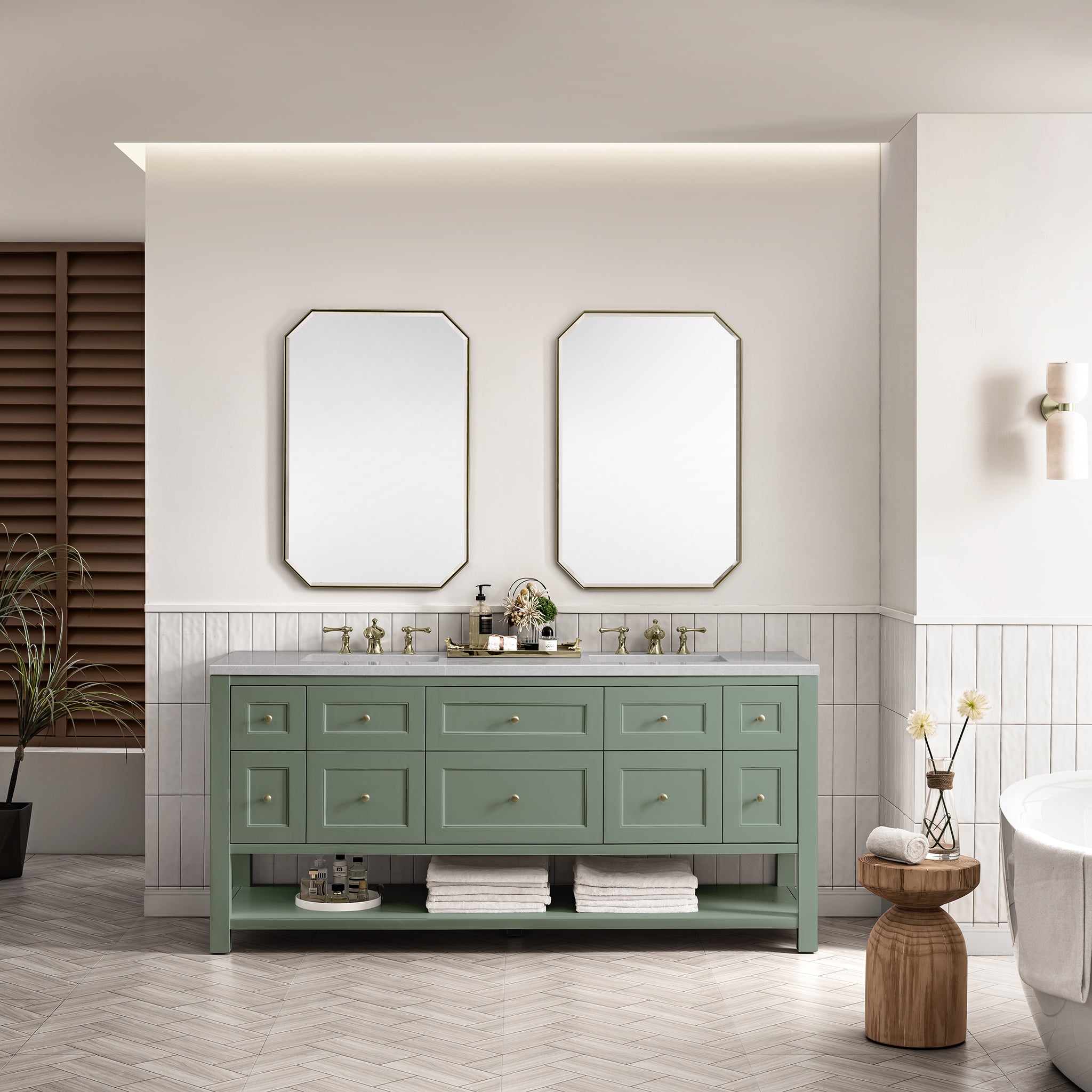 Breckenridge 72-Inch Double Vanity with Smokey Celadon Finish & 3CM Eternal Serena Quartz Top - Perfect for Master Bathroom or Luxury Home Renovation