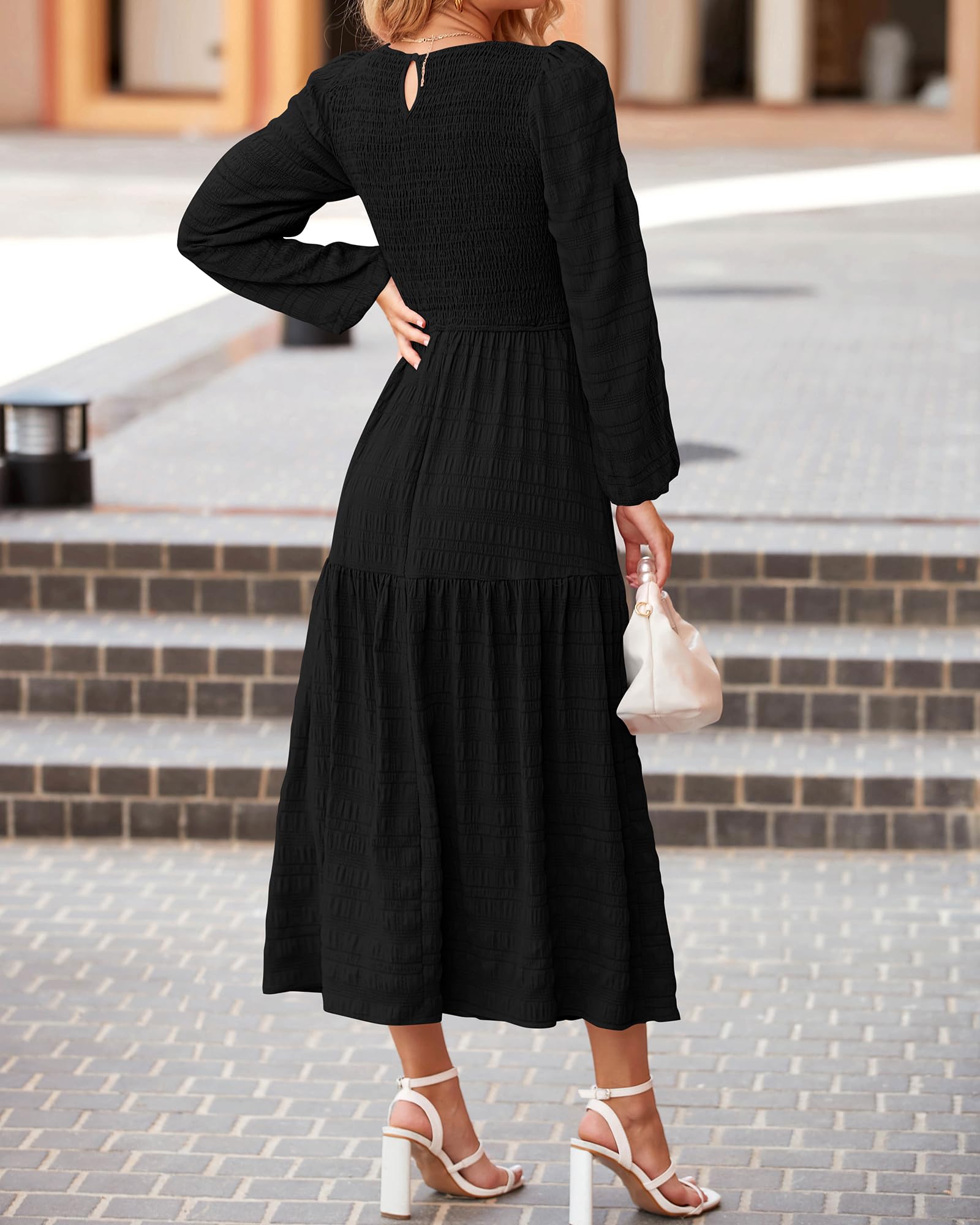 Dowerme Women's Boho Wedding Party Maxi Dress - 2025 Spring Puff Long Sleeve Crewneck Smocked Tiered Flowy A-Line Dress for Bridesmaids, Garden Weddings & Special Occasions