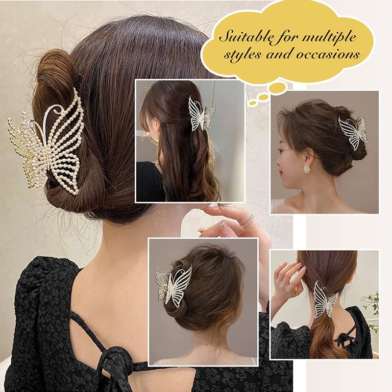 Butterfly Pearl Hair Claw Clips - Large Non-Slip Strong Hold Hair Clips with Bling Pearls, Elegant Fairy Hair Accessories (1-Pack) for Women, Girls - Perfect for Weddings, Parties & Everyday Styling