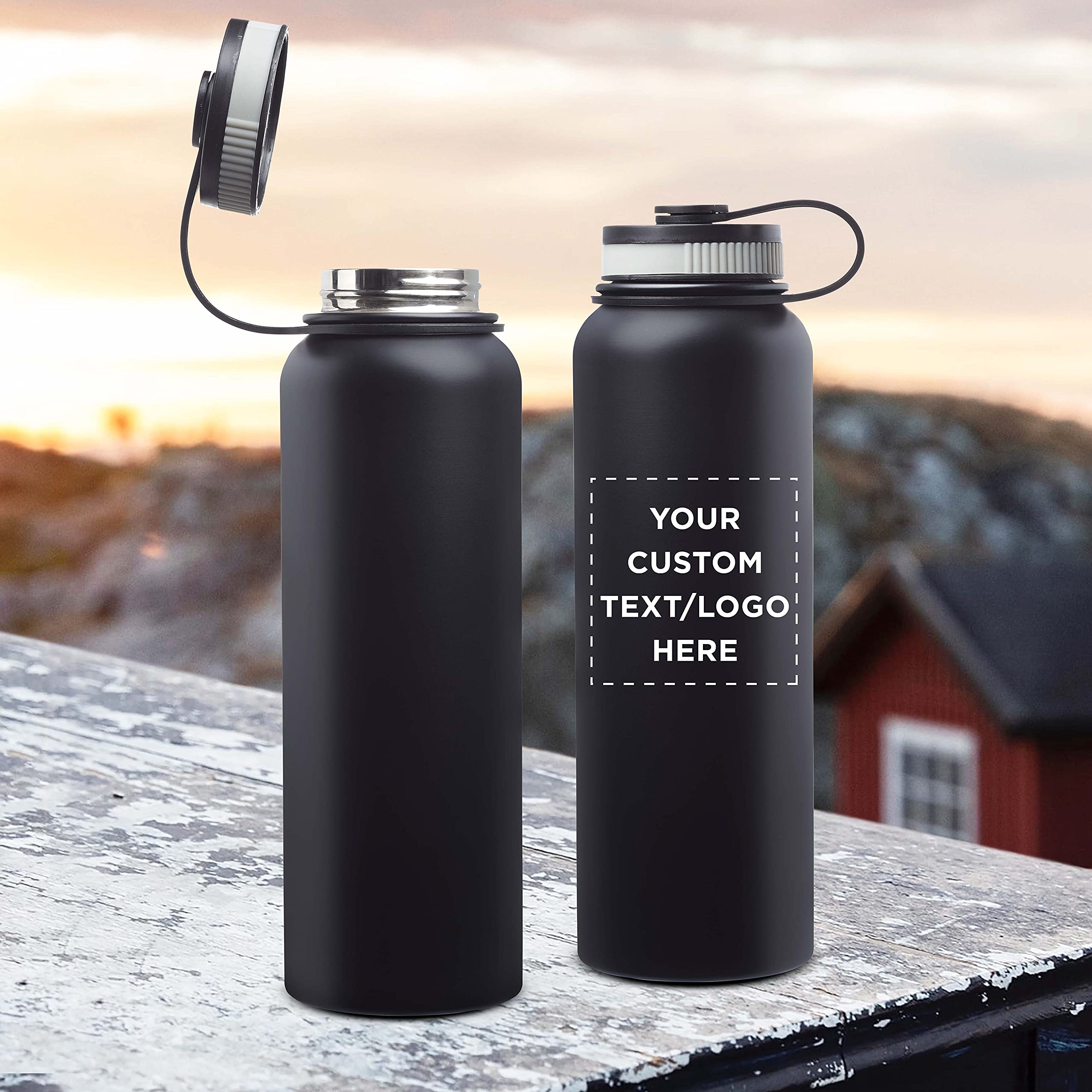 24 oz Stainless Steel Vacuum Insulated Water Bottle Set - Double Wall, Leak Proof, Custom Text & Logo - Perfect for Gym, Hiking, Office & Travel - Black