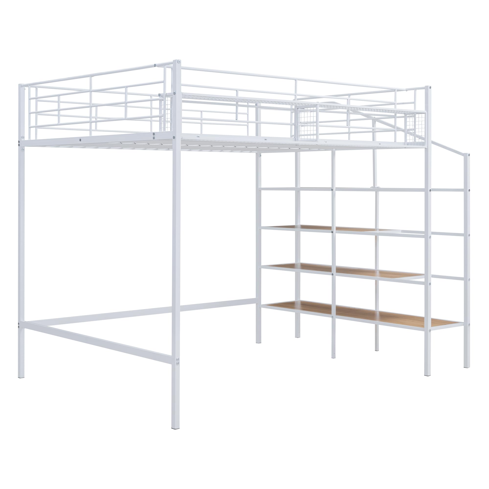 Full Size Loft Bed with Stairs - Heavy Duty Metal Loft Bed Frame with Storage Steps & Grid Shelf - Sturdy High Loft Bed for Kids, Teens & Adults - Perfect for Small Spaces, Dorms & Apartments (White)