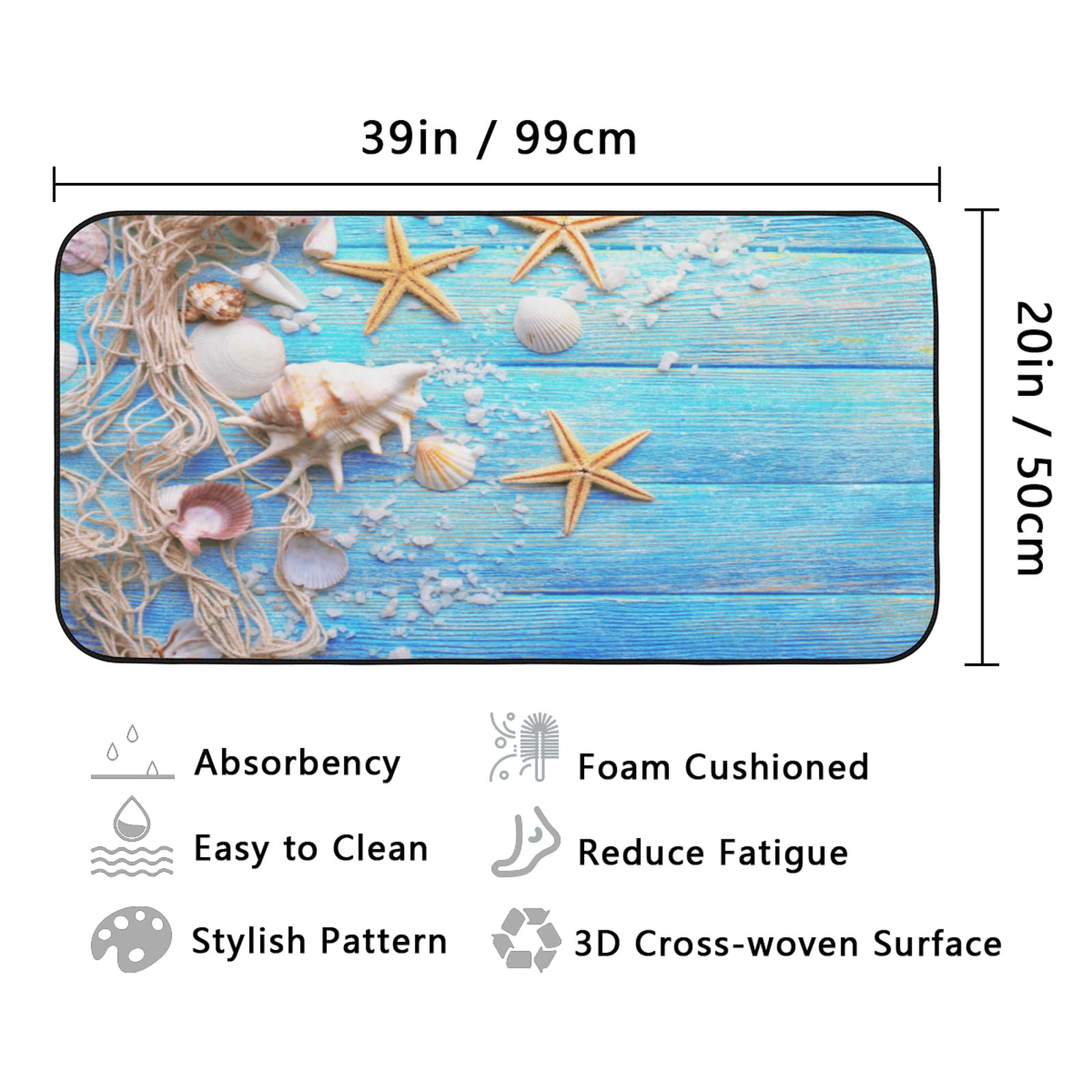 Non-Slip Beach Themed Kitchen Rug - Wood Starfish Design Washable Anti-Fatigue Memory Foam Doormat, 39x20 Inches - Perfect for Kitchen, Laundry Room, Bathroom & Entryway Floor Decor