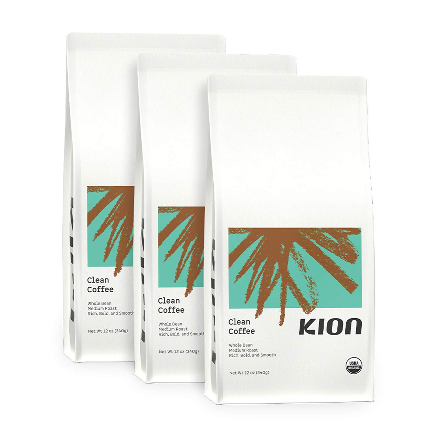 Organic Whole Bean Coffee - Kion Medium Roast 12oz (3 Pack) | Ethically Sourced, Toxin-Free, Rich & Smooth Flavor | Perfect for Home Brewing, Office Use & Gifts