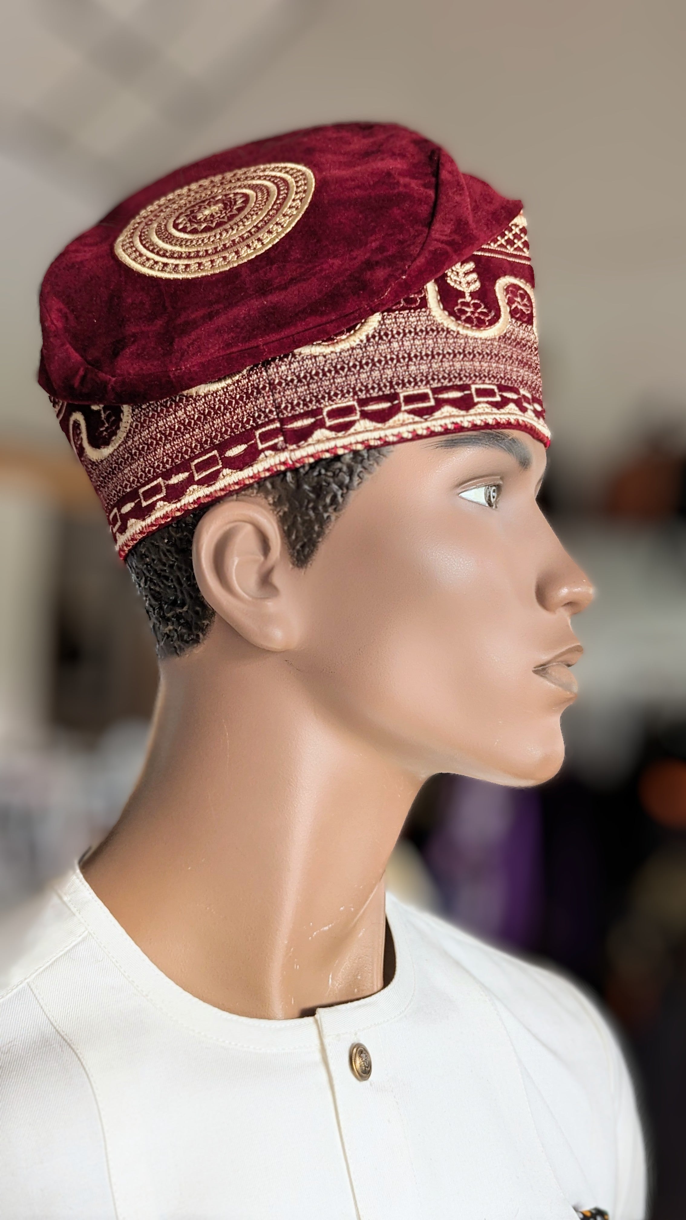 Stylish Burgundy Velvet Kufi Hat with Beige & Gold Embroidery - Traditional Islamic Cap for Men - Perfect for Eid, Weddings & Special Occasions