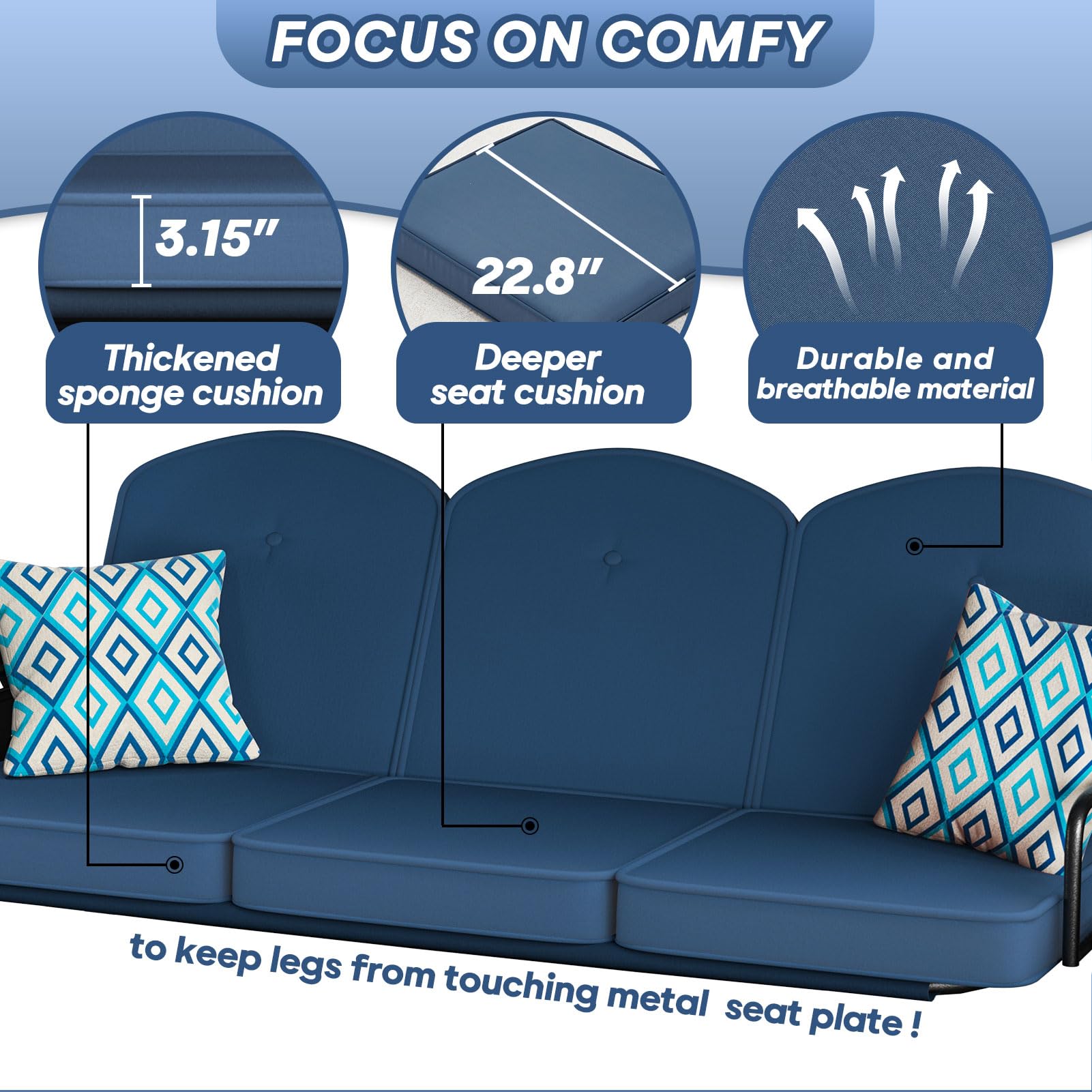 3-Seat Outdoor Porch Swing - 800lb Capacity 2-in-1 Patio Glider Chair with Adjustable Canopy & Removable Cushions - Heavy Duty Square Tube Stand for Yard, Garden, Deck or Backyard Relaxation (Blue)