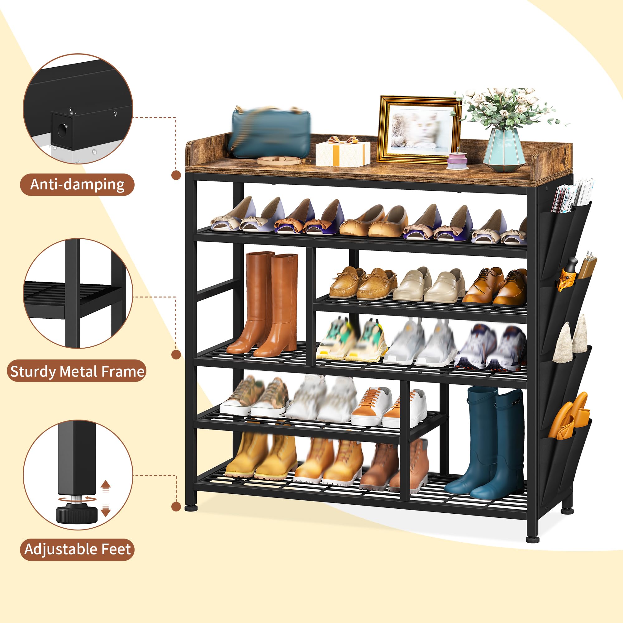 6-Tier Metal Shoe Rack with Wooden Top & Side Pockets - Holds 22 Pairs of Shoes - Space Saving Entryway Organizer for Hallway, Closet or Mudroom Storage - Black