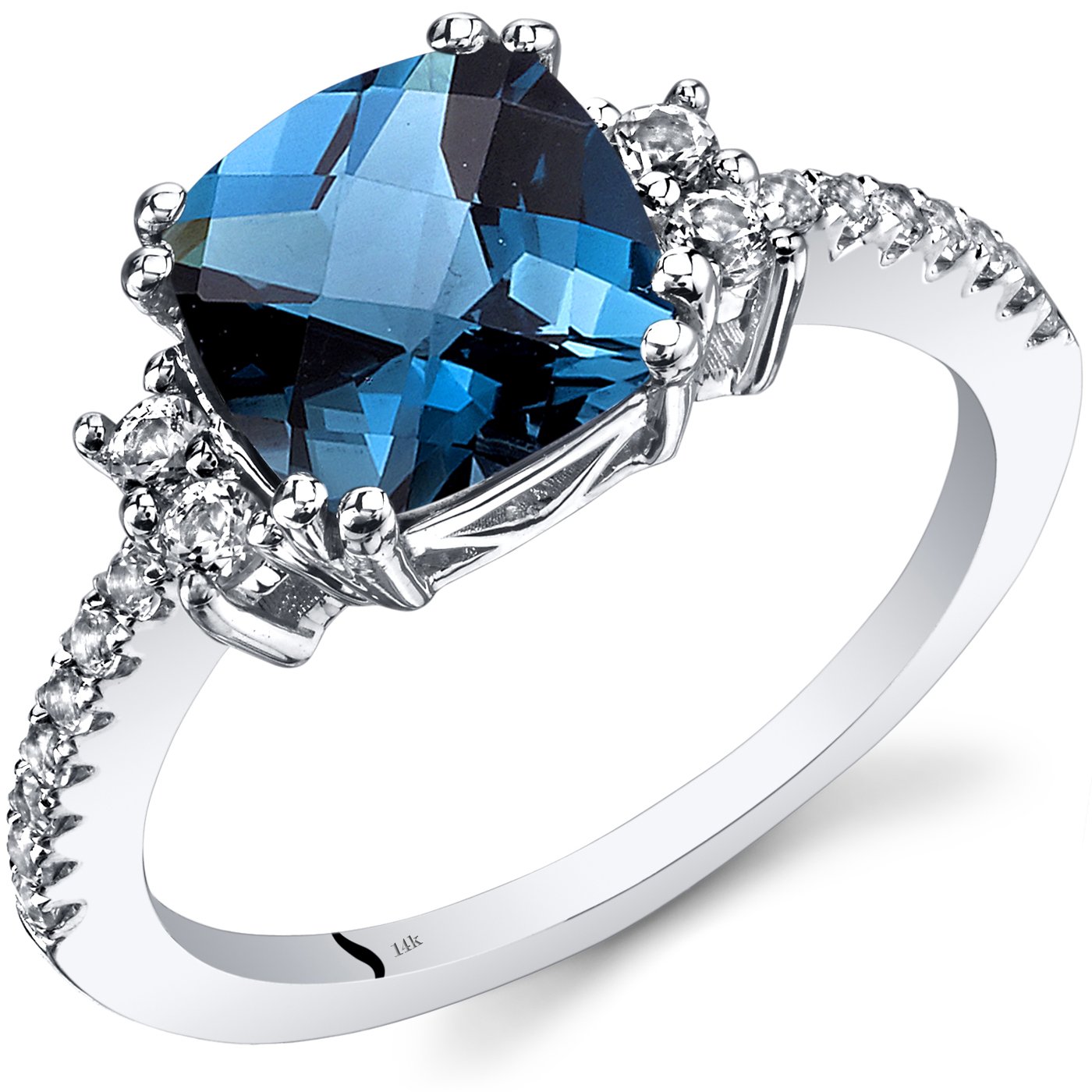14K White Gold London Blue Topaz Ring - 2.50 Carat Cushion Checkerboard Cut, Size 5-9 | Elegant Engagement & Anniversary Gift for Women