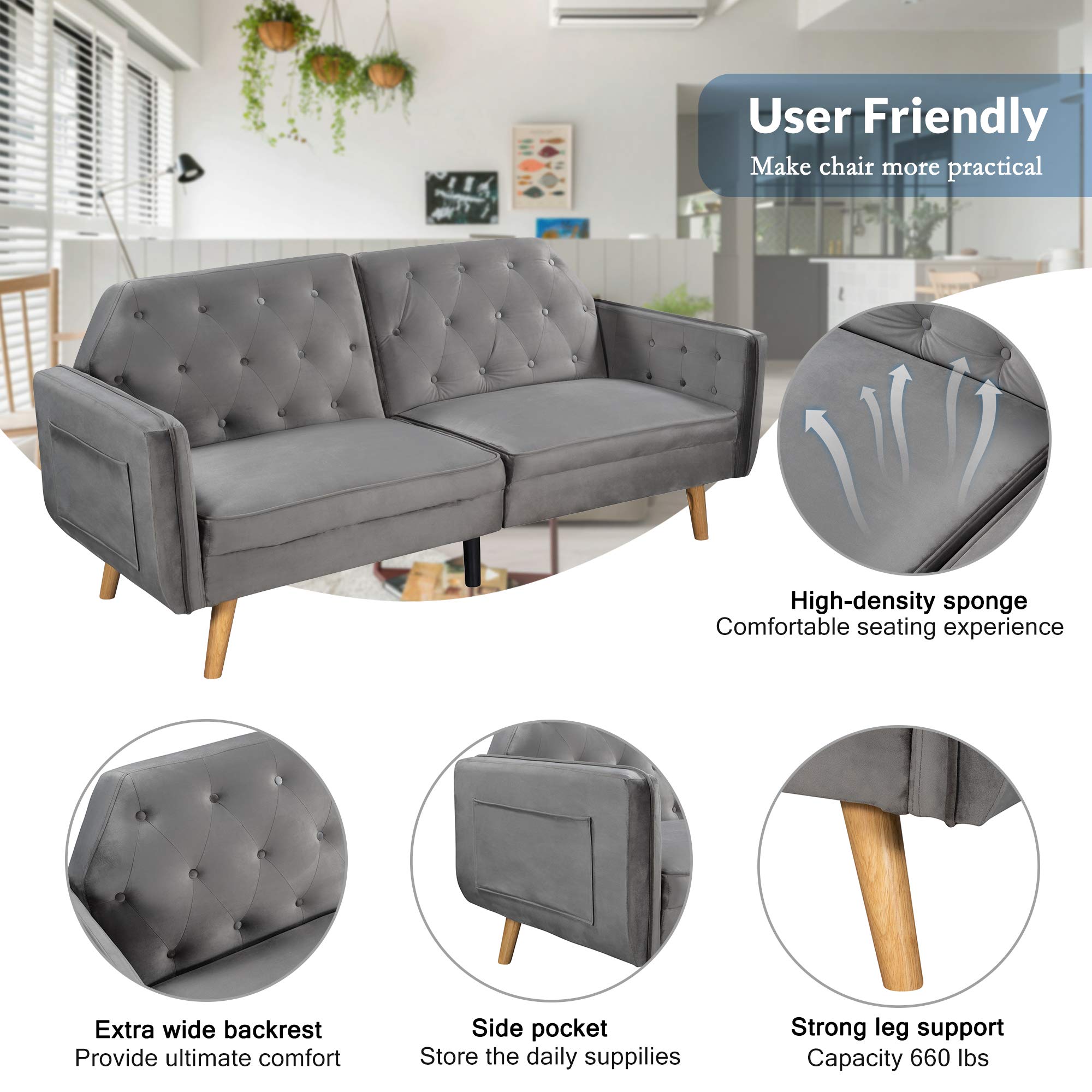 Modern Velvet Convertible Futon Sofa Bed with Wood Legs & Armrests - 3 Adjustable Backrests for Small Spaces, Apartments & Guest Rooms | Twin Size Sleeper Couch for Overnight Guests, Living Room & Studio (Gray)