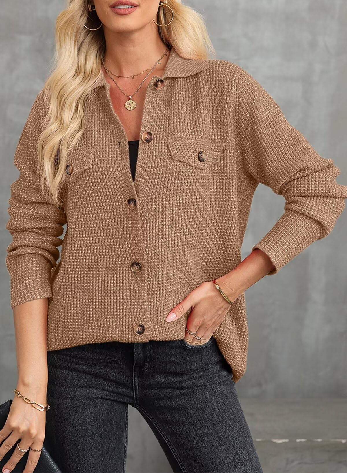 Stylish Women's Waffle Knit Shacket Jacket - Long Sleeve Button Down Sweater Top for Casual & Dressy Outfits | Perfect for Fall Layering, Office Wear & Weekend Outings