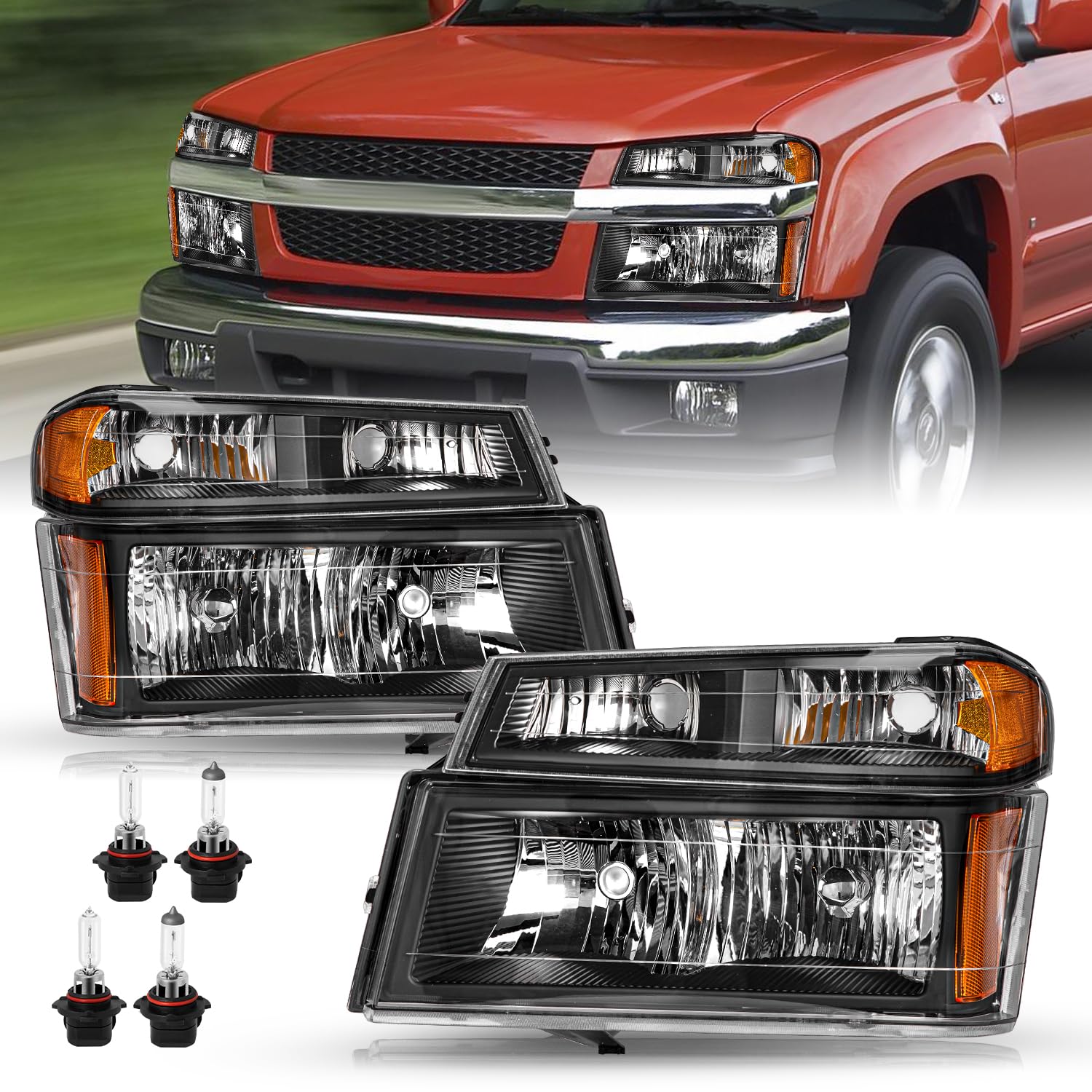 4PCS Headlight Assembly Replacement Kit for 2004-2012 Chevy Colorado/GMC Canyon & 2006-2008 Isuzu I-Series - Includes Bumper Lights & Bulbs (Driver & Passenger Side) - Perfect for Night Driving & Off-Road Adventures
