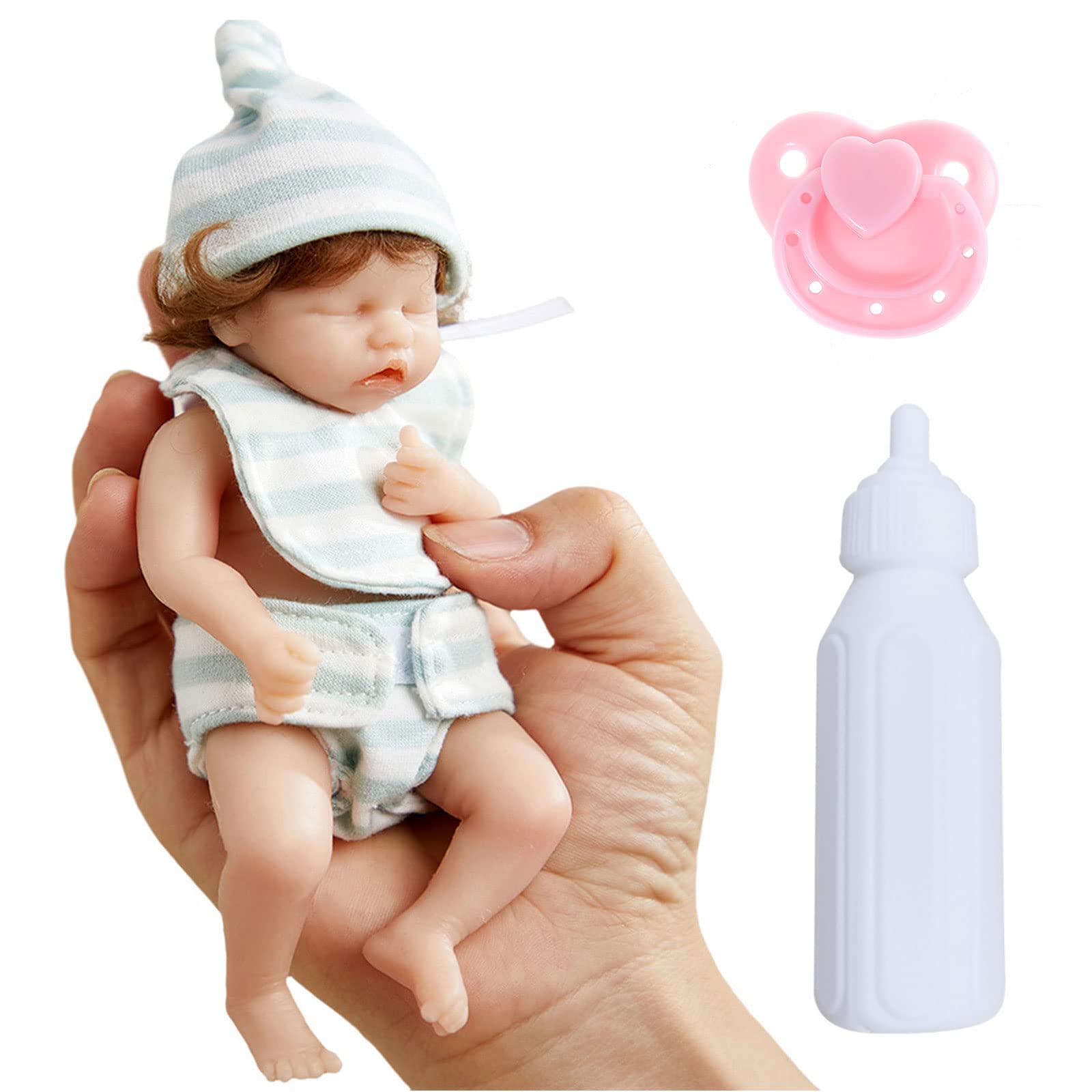 BYNNIX 6 Inch Mini Reborn Baby Doll - Realistic Full Silicone Body Newborn Girl Doll with Curly Rooted Hair & Outfit - Perfect for Collectors, Gift Giving, and Nursery Decor