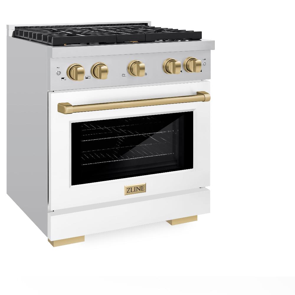 ZLINE Autograph Edition 30-inch 4.2 cu. ft. Dual Fuel Range - Stainless Steel Gas Cooktop with 4 Burners & Electric Convection Oven - White Matte Door & Champagne Bronze Accents (SDRZ WM 30 CB) - Perfect for Modern Kitchens & Professional Home Chefs