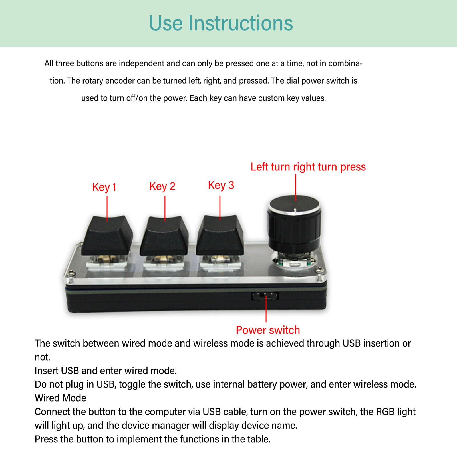 Fockety Mini Mechanical Keyboard - 3 Key Programmable Macro for Gaming & Office | Wireless & Wired | Hot Swappable