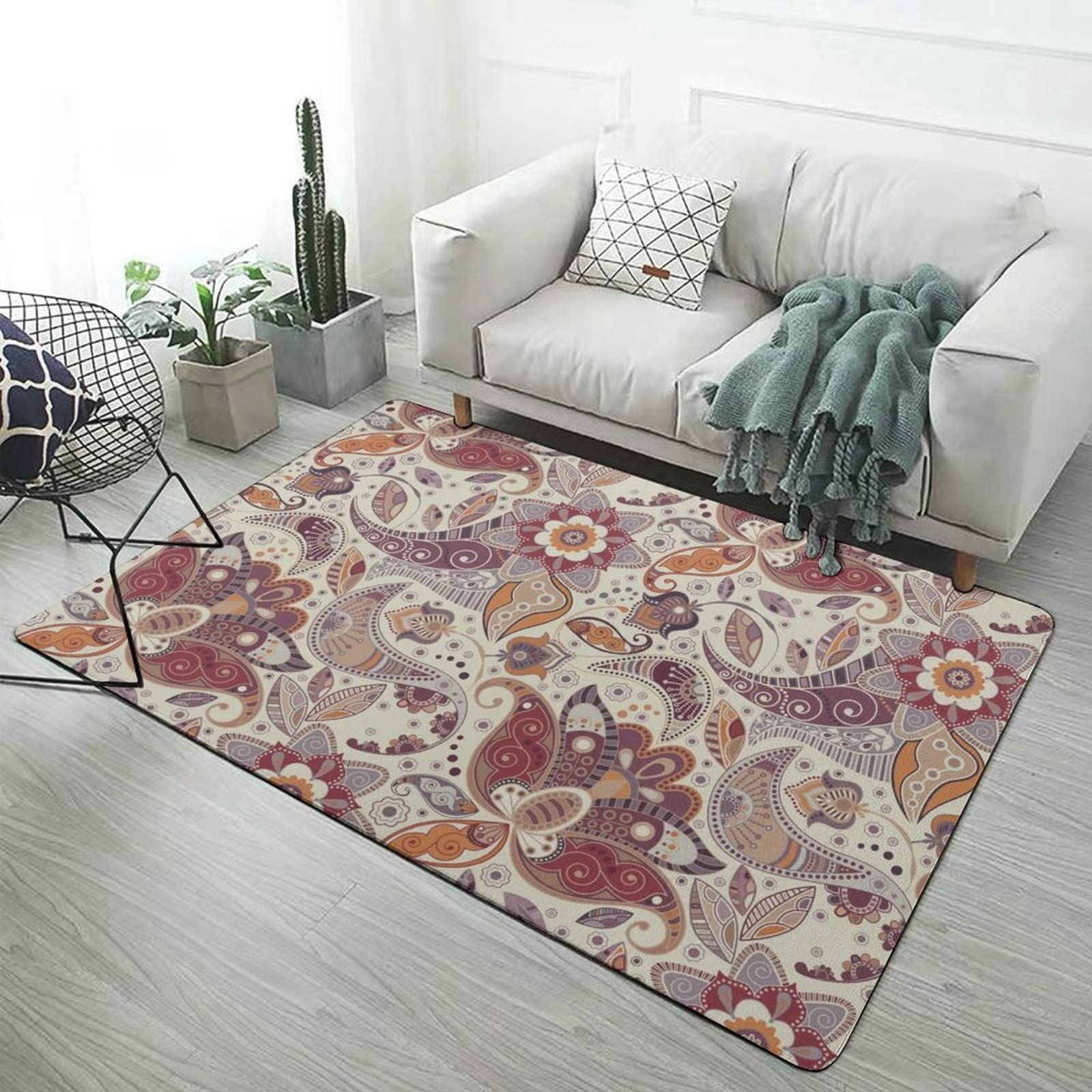 Boho Paisley Floral Aztec Kids Rug - Non-Slip Foldable Area Carpet 5x6.5ft for Girls Teens - Nursery, Bedroom, Living Room, Playroom & Dorm Decor - Soft Floor Mat for Home, Yoga & Play Areas