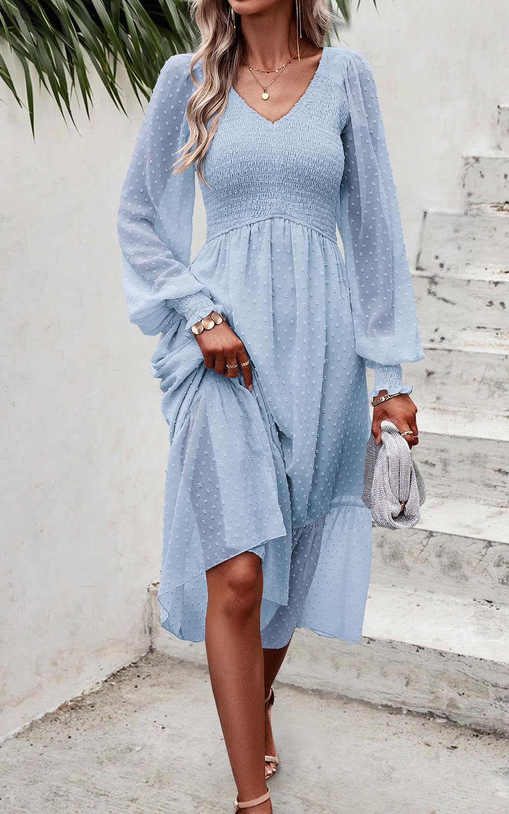 PRETTYGARDEN Women's Spring Dresses 2025 - Long Sleeve V Neck Swiss Dot Chiffon Midi Dress with Empire Waist & Ruffle Details | Elegant Casual Wear for Office, Party & Special Occasions