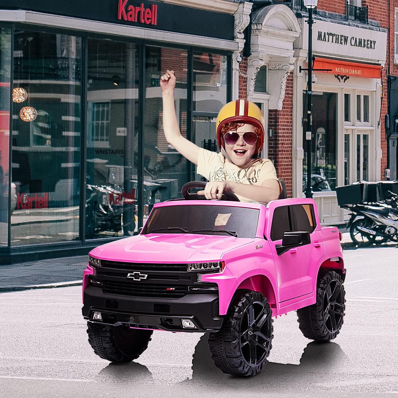 12V Battery Powered Kids Ride On Car - Licensed Chevrolet Silverado GMC Electric Toy Truck with Remote Control, MP3/Bluetooth, Spring Suspension & LED Lights (Pink) - Perfect for Toddlers Outdoor Play & Birthday Gifts