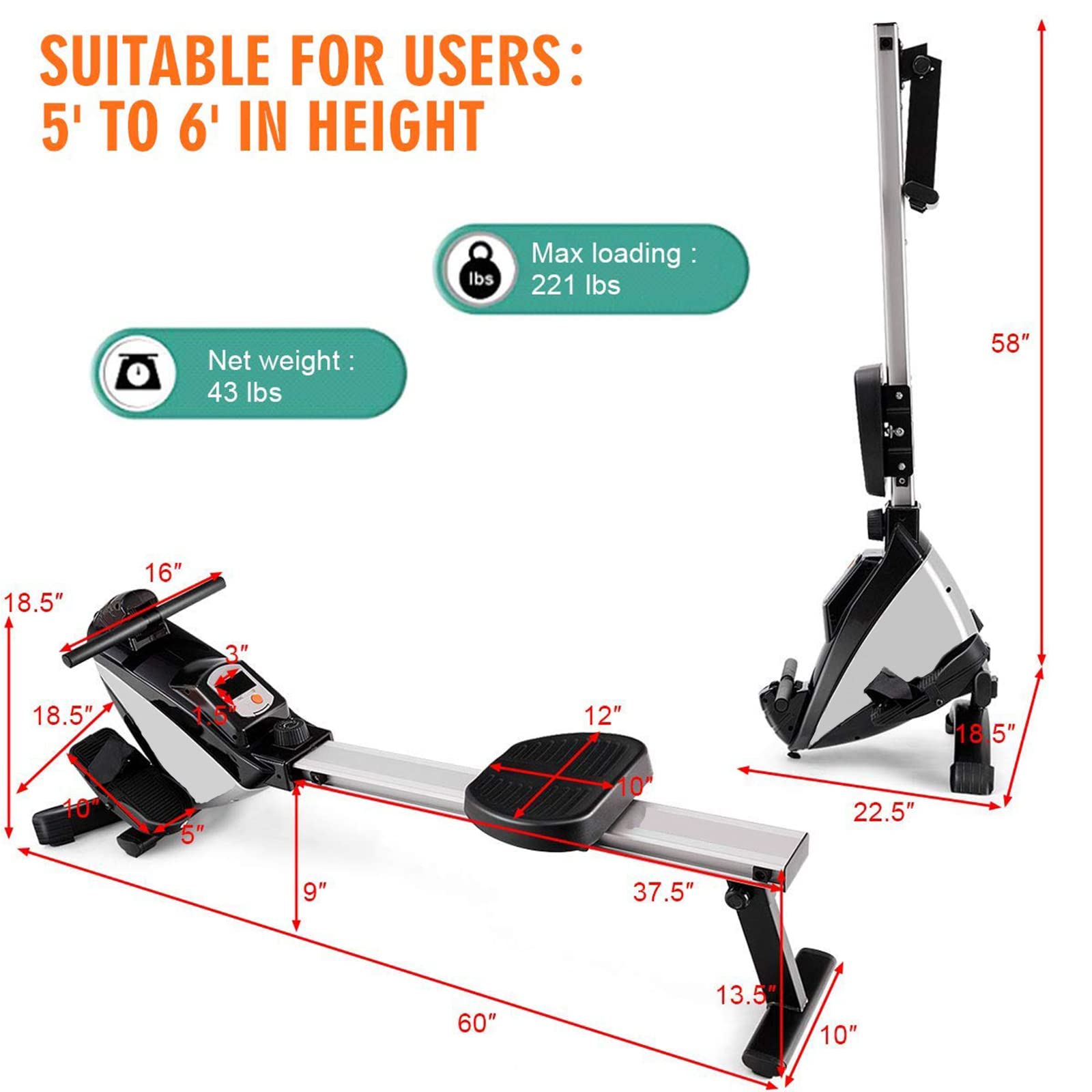 Premium Magnetic Rowing Machine for Home Gym - 8-Level Adjustable Resistance, LCD Monitor, Padded Seat & Tablet Holder - 330lbs Weight Capacity - Perfect for Cardio Workouts & Full-Body Training