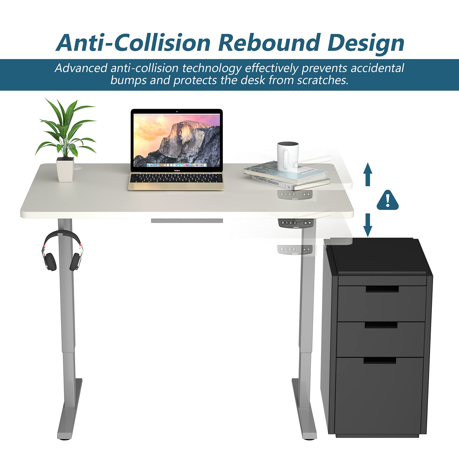 PowerStone 48x30 Inch Electric Height Adjustable Standing Desk - Home Office Sit to Stand Computer Workstation with Lift Mechanism, Grey & White - Perfect for Remote Work, Gaming & Ergonomic Workspaces