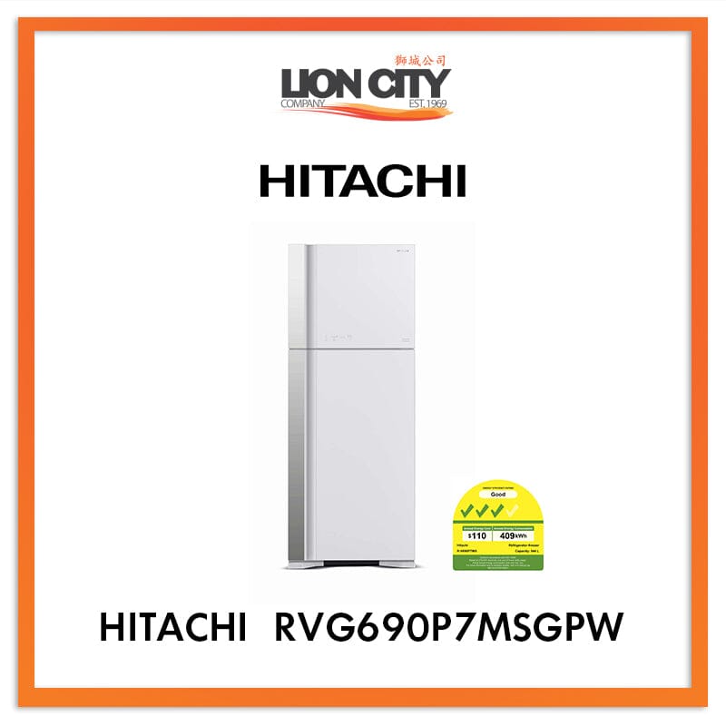 Hitachi 544L 2 Door Refrigerator RVG690P7MSGPW - Energy Efficient Large Capacity Fridge for Home, Kitchen & RV Use