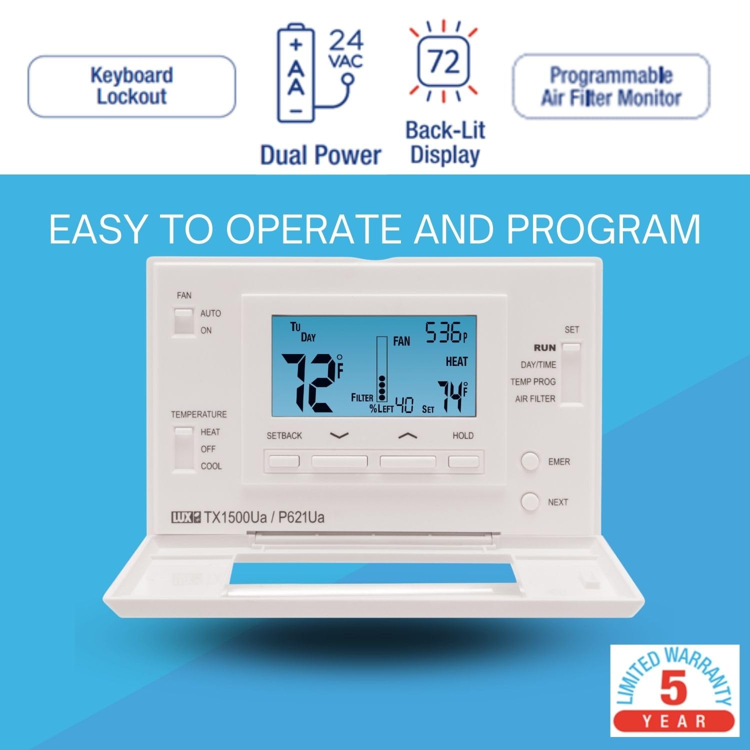 Lux Pro P621U-010 Programmable 5-2-1 Day Thermostat with 2 Heat & 1 Cool Settings | Battery Included | Smart Home Temperature Control for Energy Savings