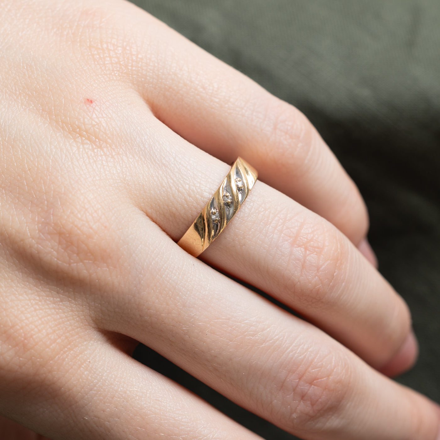 14K Gold Three Stone Diamond Diagonal Grooved Ring - 0.015ctw, Size 6 | Elegant Wedding Band, Anniversary Gift for Her, Perfect for Bridal Jewelry & Special Occasions