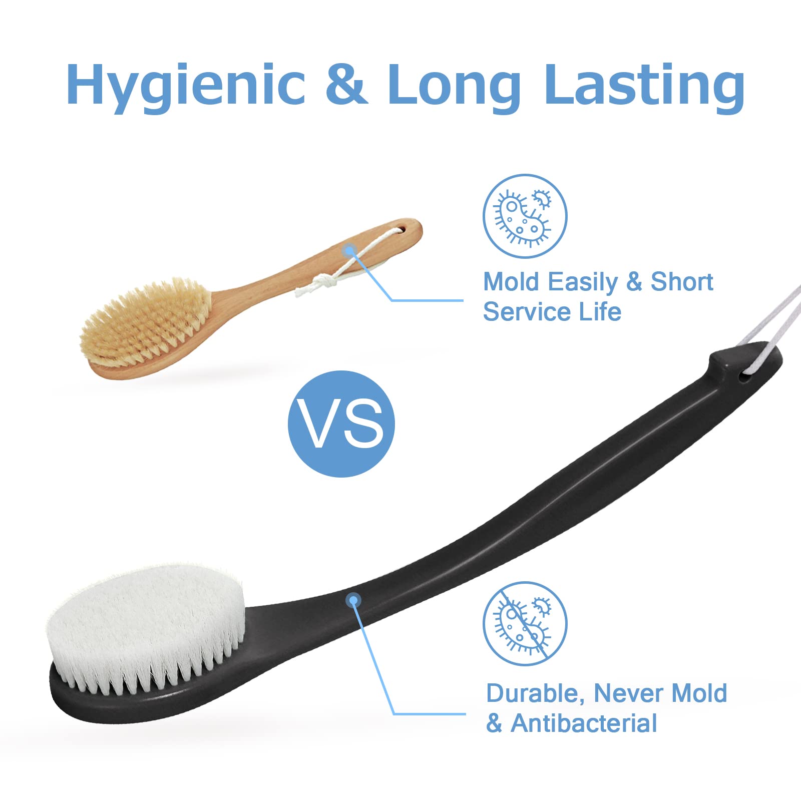 Exfoliating Body Brush with Long Handle - Never Mold Back Scrubber for Shower & Dry Brushing - Deep Cleansing Skin Care Tool for Men, Women & Elderly - Promotes Soft Glowing Skin (Black) - Perfect for Daily Shower Routine & Spa-Like Skin Exfoliation at Home