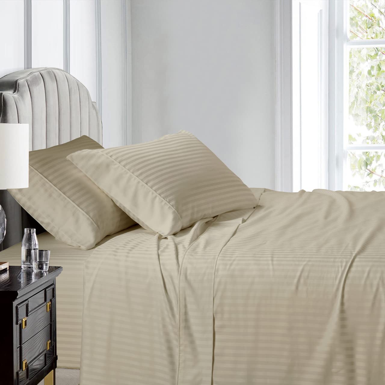 Premium 600 Thread Count 100% Cotton Striped Pillowcases - 2 Pack Standard/Queen Size 20x30 Inches - Soft Sateen Weave Hotel Luxury Bedding - Perfect for Master Bedroom, Guest Room & Vacation Homes (Tan)
