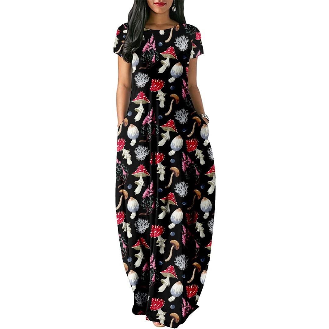 Women's Casual Short Sleeve Mushroom Print Dress - Loose Fit Long Dress with Double Pockets for Beach, Vacation & Summer Outings