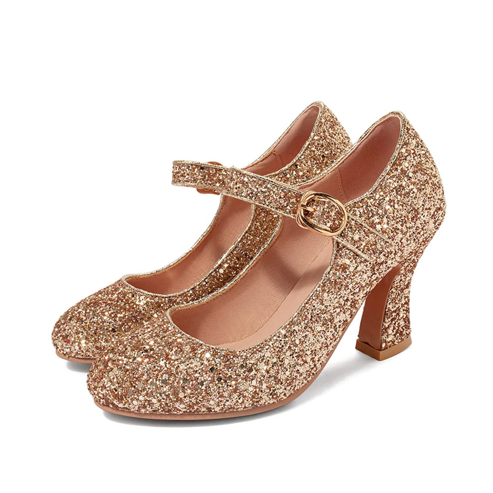 Elegant Women's Mary Jane High Heel Pumps - Glitter Strap Buckle Closed Toe Wedding Shoes for Bride, Party & Special Occasions