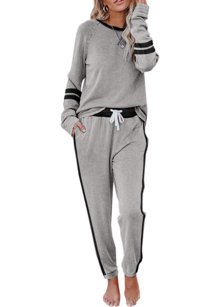 Coololi Women's Casual Sweatsuit 2 Piece Set - Soft Crewneck Long Sleeve Lounge Wear with Striped Design | Perfect for Yoga, Running Errands & Relaxing at Home
