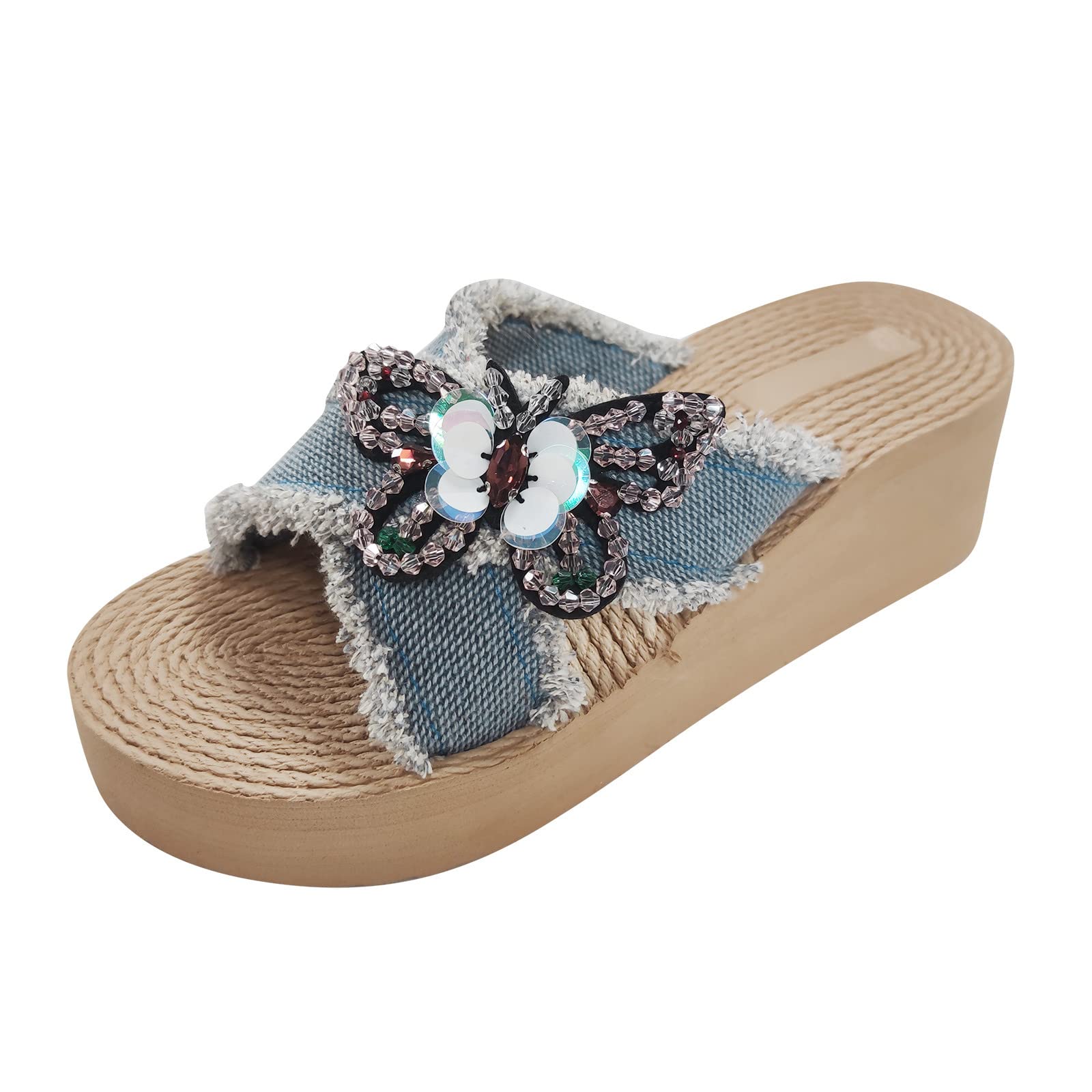 Women's Denim Beach Swim Sandals with Sequins - Summer Fashion Wedge Sandals for Women, Comfortable Linen Cross Strap Design, Perfect for Poolside, Beach Vacations & Outdoor Activities