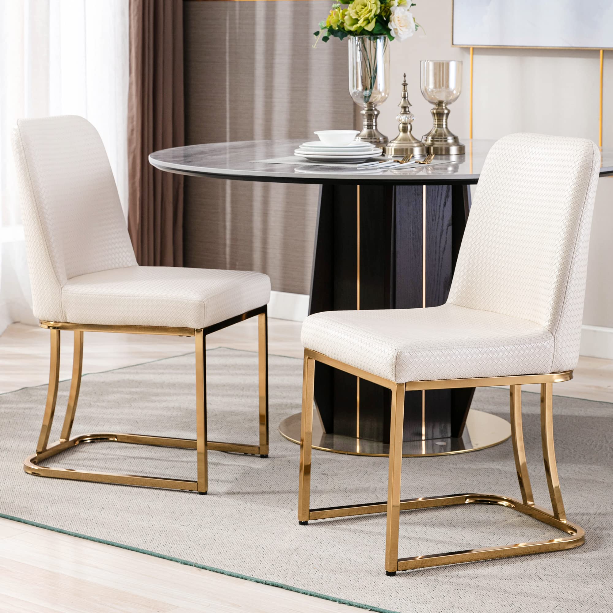 Mid Century Modern Dining Chairs Set of 2 - Woven PU Leather Upholstered Armless Chairs with Back Support, 17.7