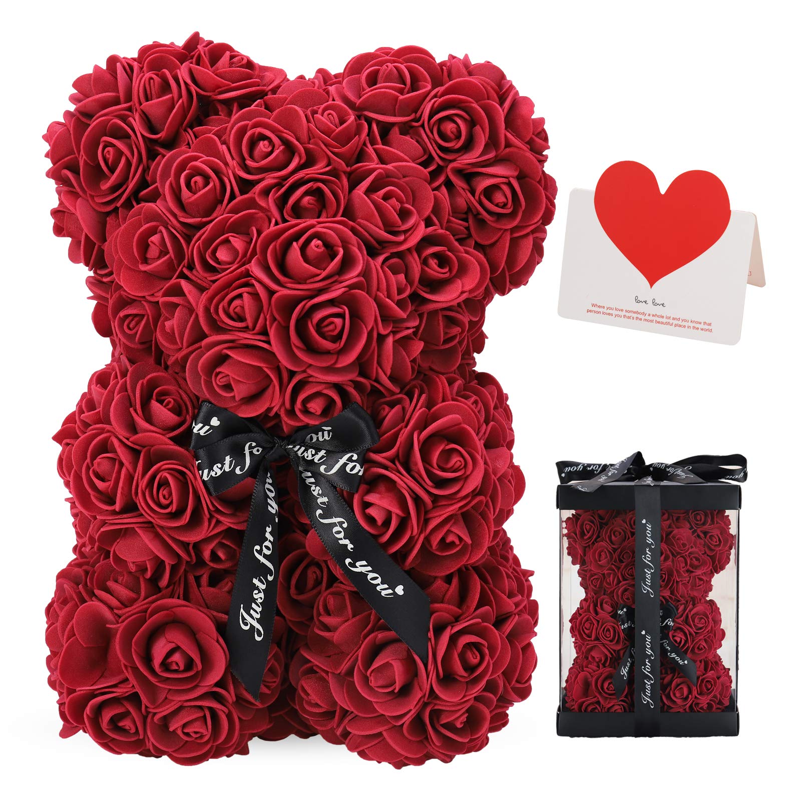LINKLO 10-inch Rose Teddy Bear - Artificial Rose Flower Bear with Transparent Gift Box, Romantic Gift for Wedding, Mother's Day & Anniversary (Deep Red) | Perfect for Valentine's Day, Birthday Surprises & Home Decor