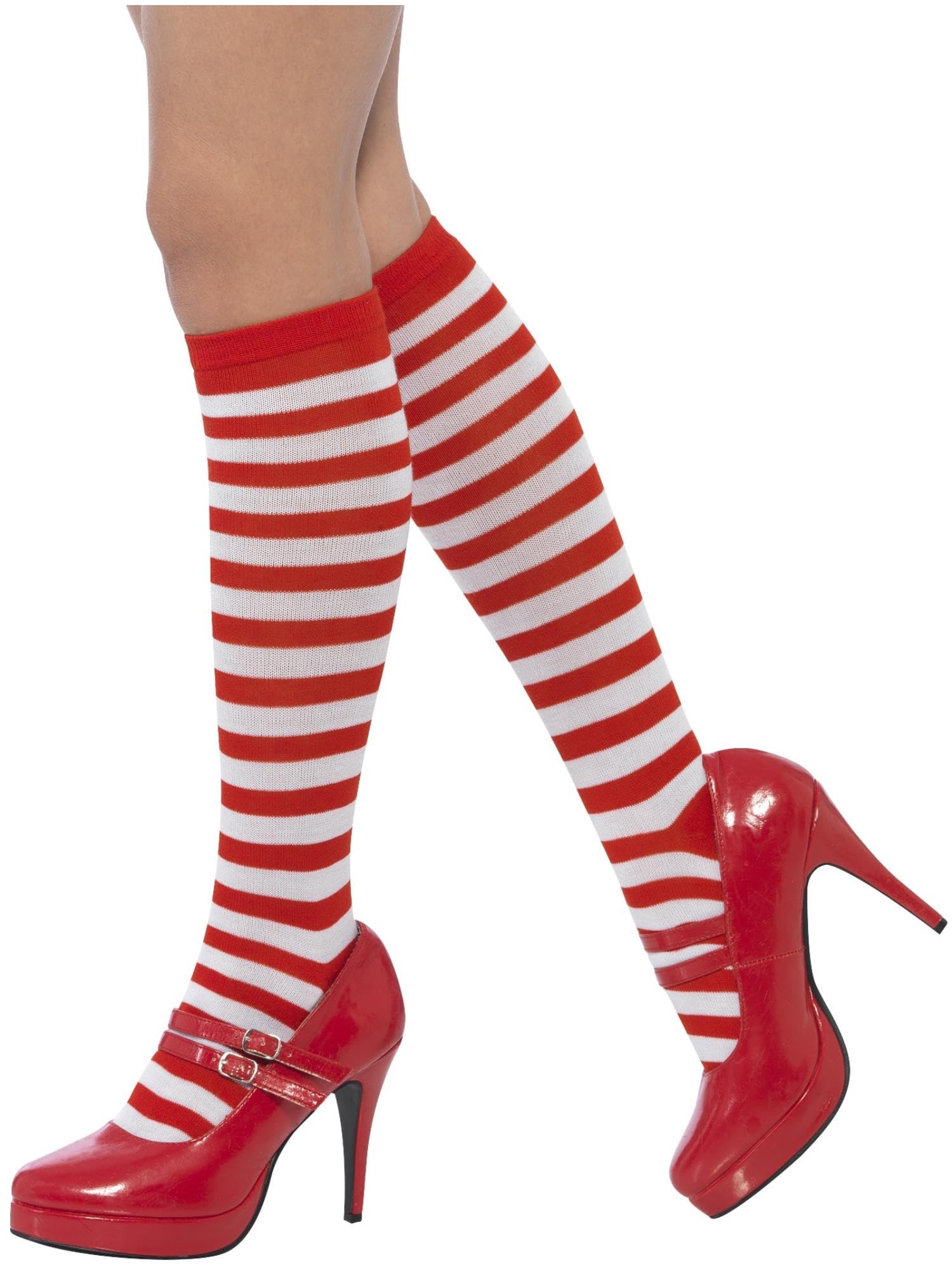 Adult Red & White Striped Elf Socks - Long Christmas Costume Stockings for Holiday Parties & Cosplay
