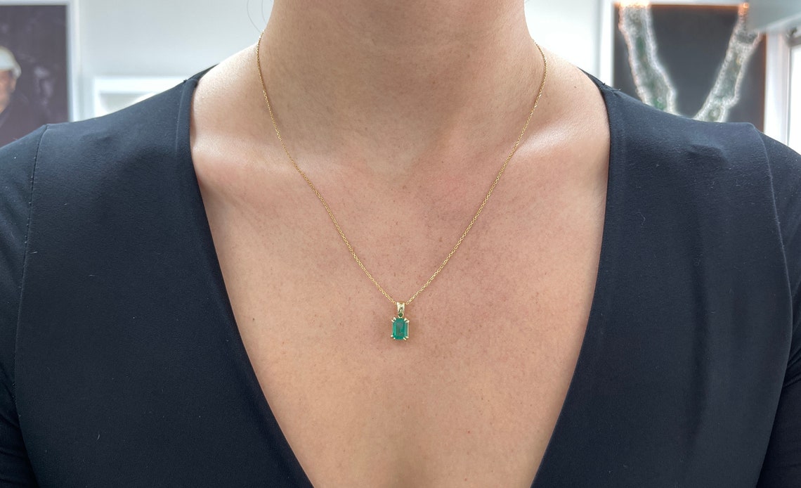 2.22ct 14K Gold Emerald Cut Solitaire Pendant - Natural Vertical Emerald Gemstone with Double Prong Setting - Perfect for Anniversary Gifts & Elegant Necklace Jewelry