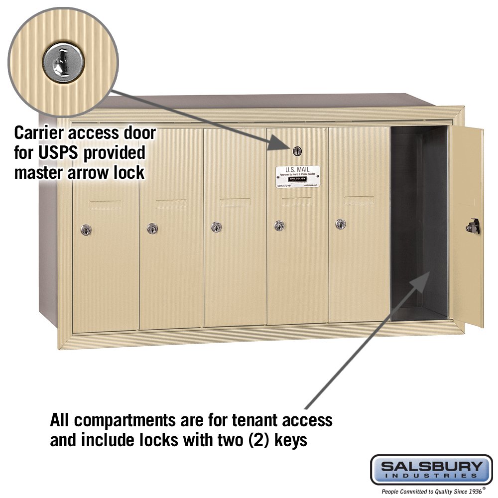 USPS Approved Salsbury Industries 3506SRU Recessed Mount Vertical Mailbox with 6 Doors - Sandstone Finish for Secure Residential & Commercial Mail Delivery