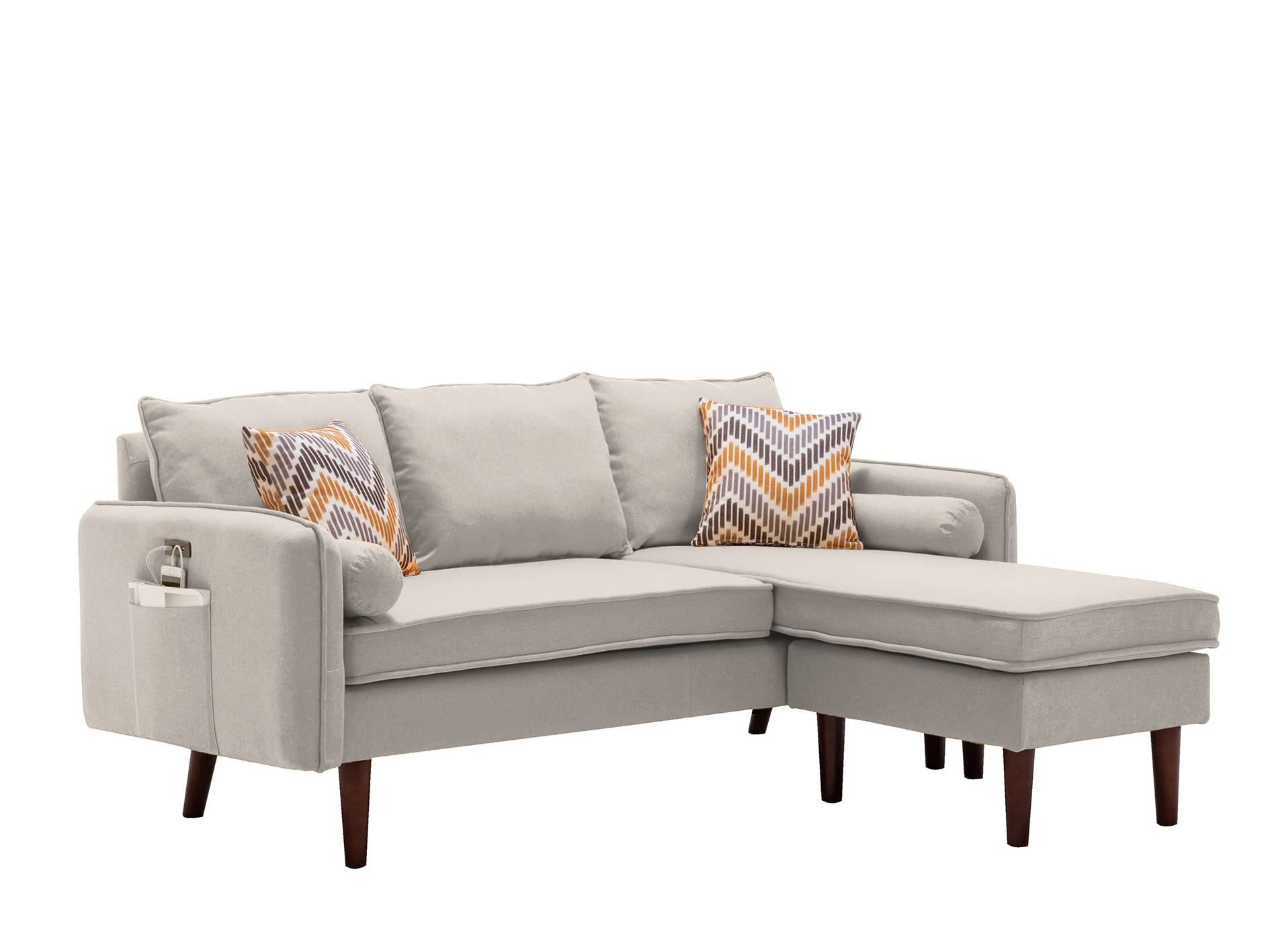 Lilola Home Mia Beige Sectional Sofa with Chaise Lounge, USB Charging Ports & Throw Pillows - Modern Living Room Furniture for Small Spaces & Family Gatherings
