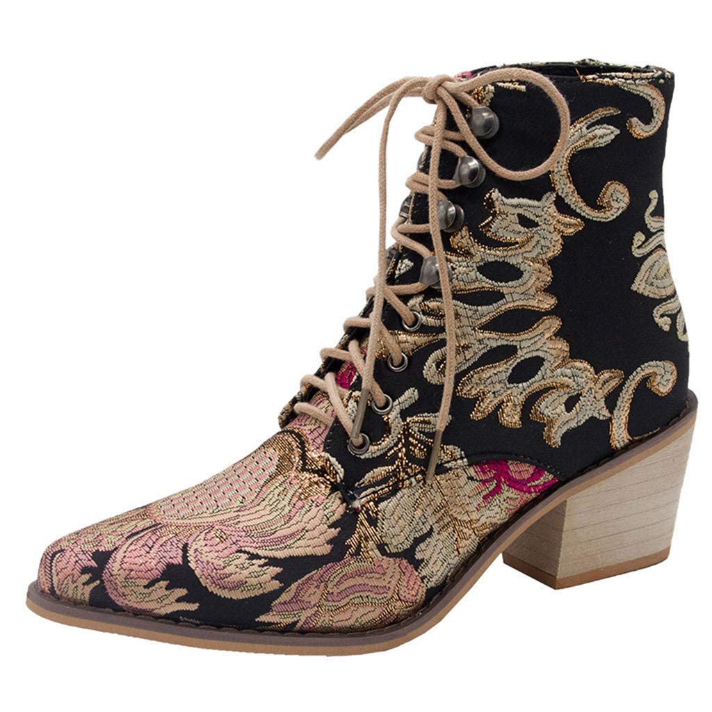 Stylish Women's Suede Ankle Boots with Embroidery & Lace-Up Design - Pointed Toe Retro Heeled Booties for Dressy Outfits | Perfect for Office, Parties & Fall Fashion