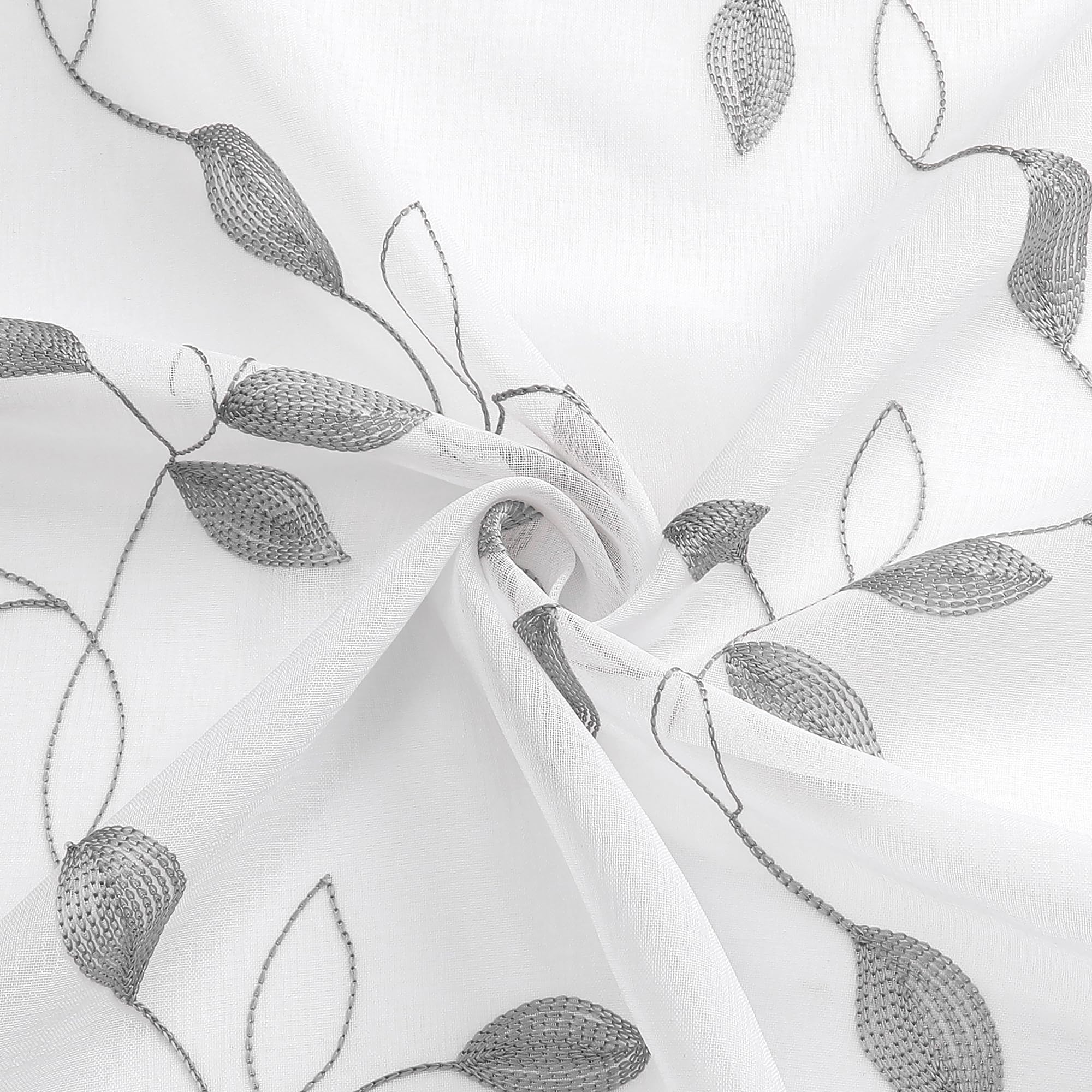 Grey Leaf Sheer Tier Curtains - Embroidered Voile Kitchen & Bathroom Window Panels with Rod Pocket, 30 x 24 Inches, Set of 2 - Perfect for Home, Cafe, and Office Decor