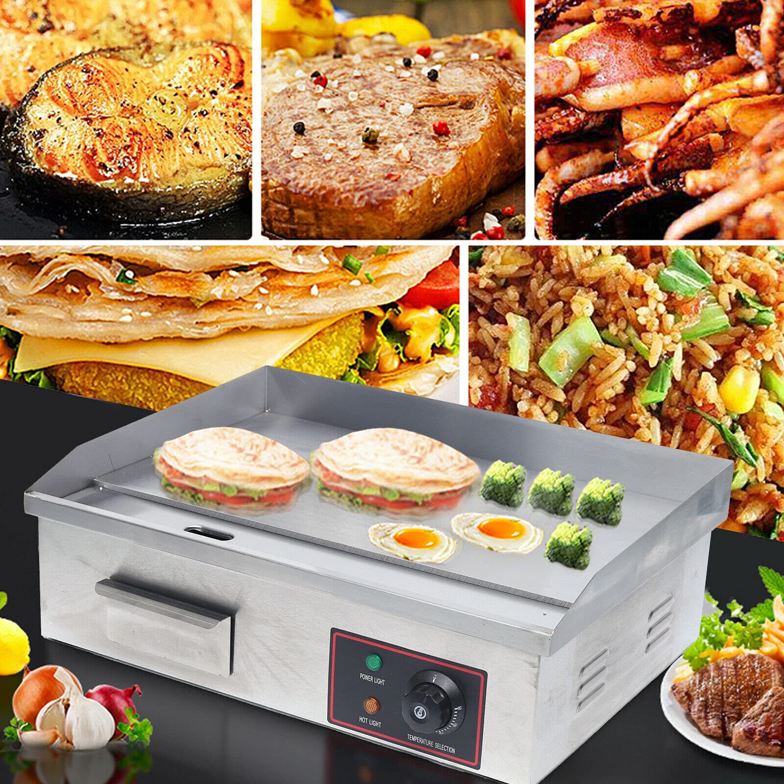 Commercial Electric Griddle Flat Top Grill - 50°C to 300°C Adjustable Temperature, 1.6kW Stainless Steel Hot Plate for BBQ, Pancakes & Burgers - Perfect for Restaurants, Food Trucks & Home Kitchens