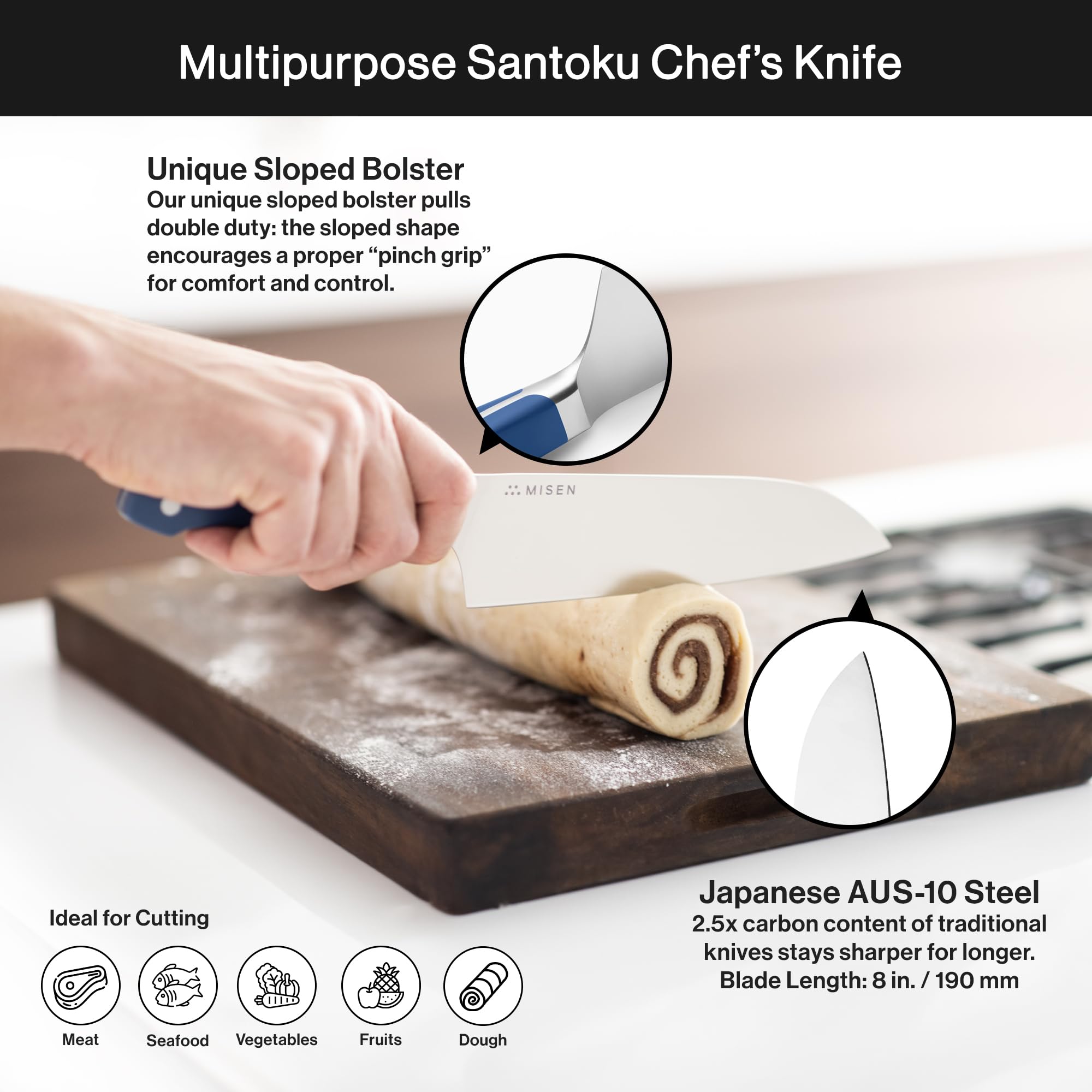 Misen Japanese Santoku Chef Knife 7.5 Inch - High Carbon Stainless Steel Kitchen Knife - Razor Sharp Japanese Style Blade for Cutting, Slicing, Chopping Vegetables, Meat & Fish - Perfect for Home Chefs & Professional Cooking - Gray