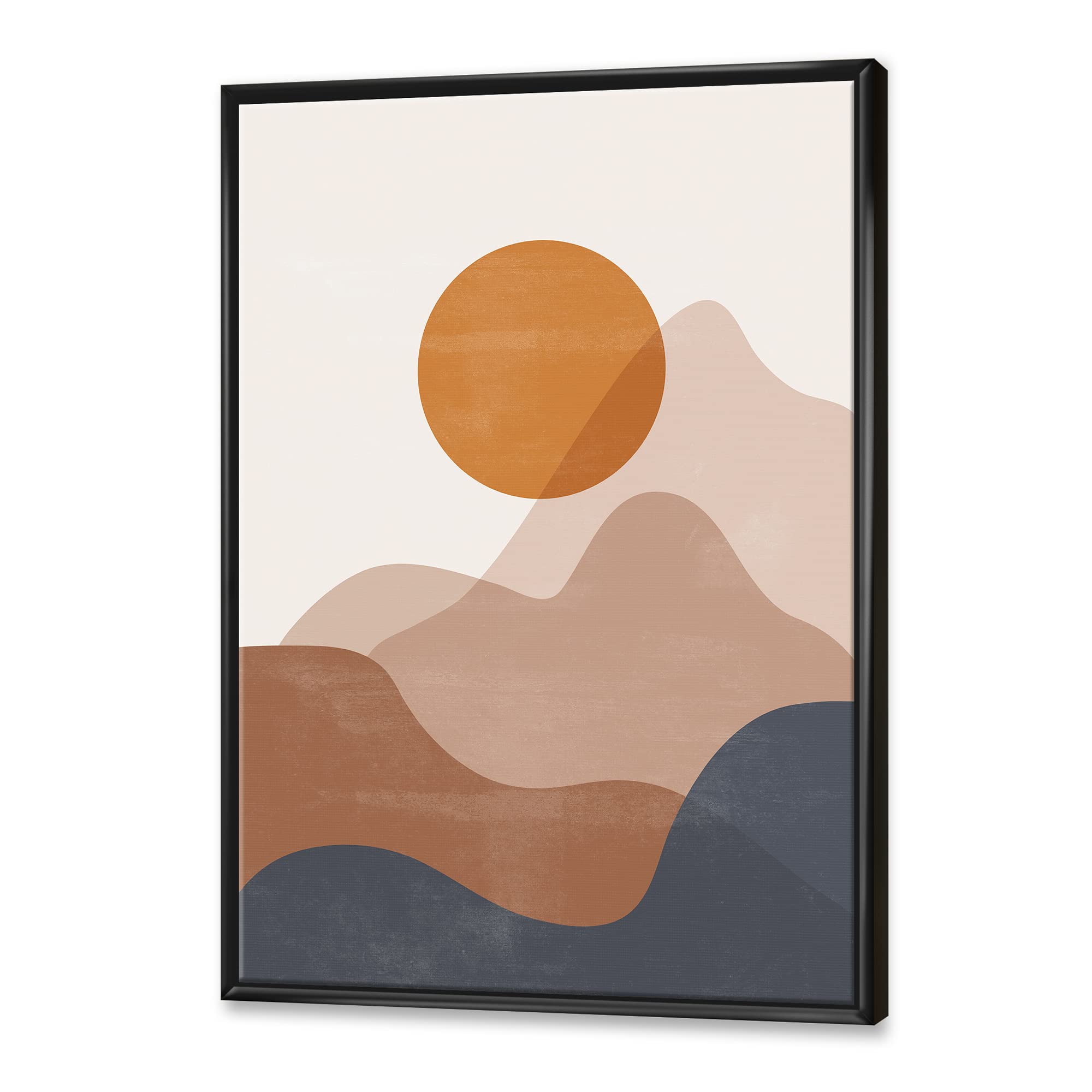 Abstract Red Moon In Earth Toned Mountains II - Modern Framed Canvas Wall Art Print for Living Room, Bedroom & Office Decor