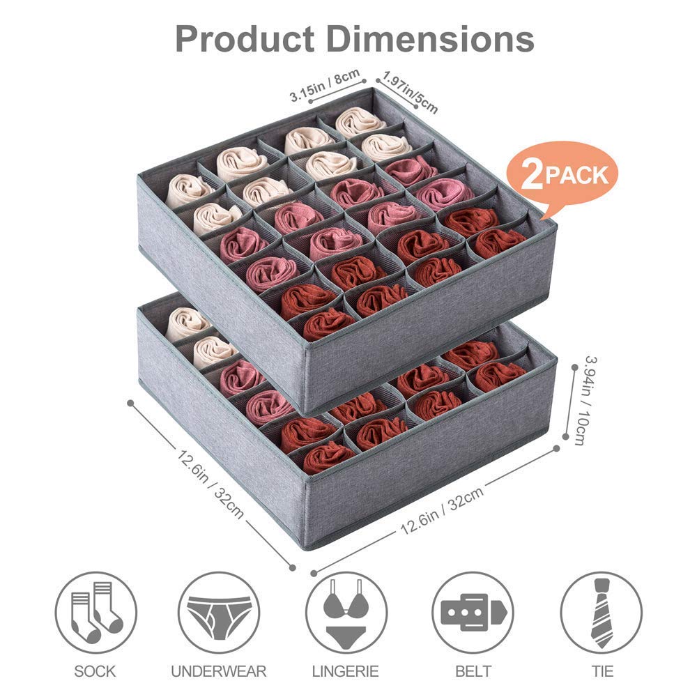 Qozary 3 Pack Non-Woven Fabric Sock & Underwear Drawer Organizer Dividers - Collapsible Closet Storage Box for Clothes, Lingerie, Ties, Belts & Baby Items | Perfect for Bedroom, Dresser & Cabinet Organization