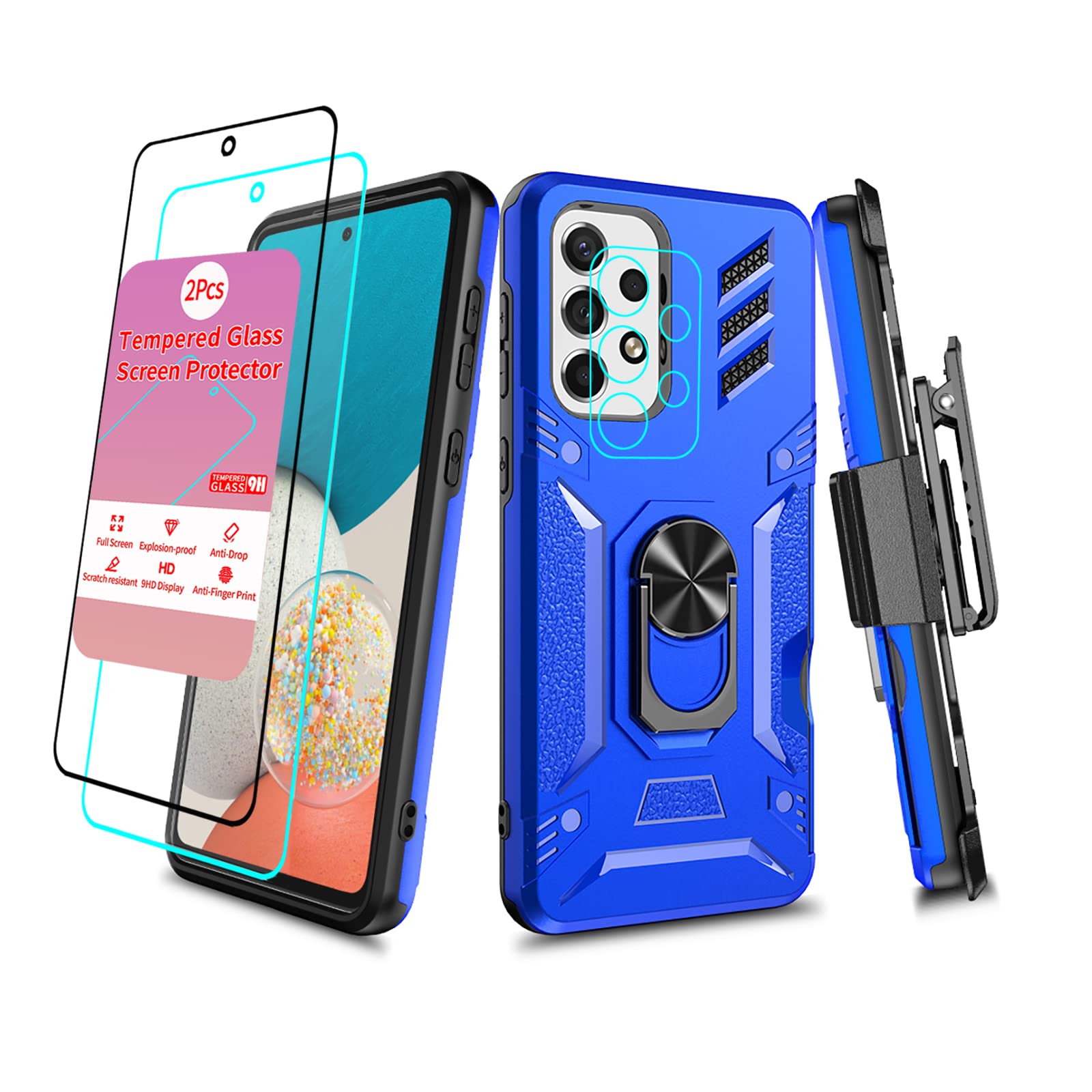**Samsung Galaxy A53 5G Case with Screen Protector - Heavy Duty Military Grade Shockproof Cover with Kickstand & Belt Clip - Protective Phone Case for Men & Women (Blue) - Perfect for Work, Travel & Outdoor Activities**