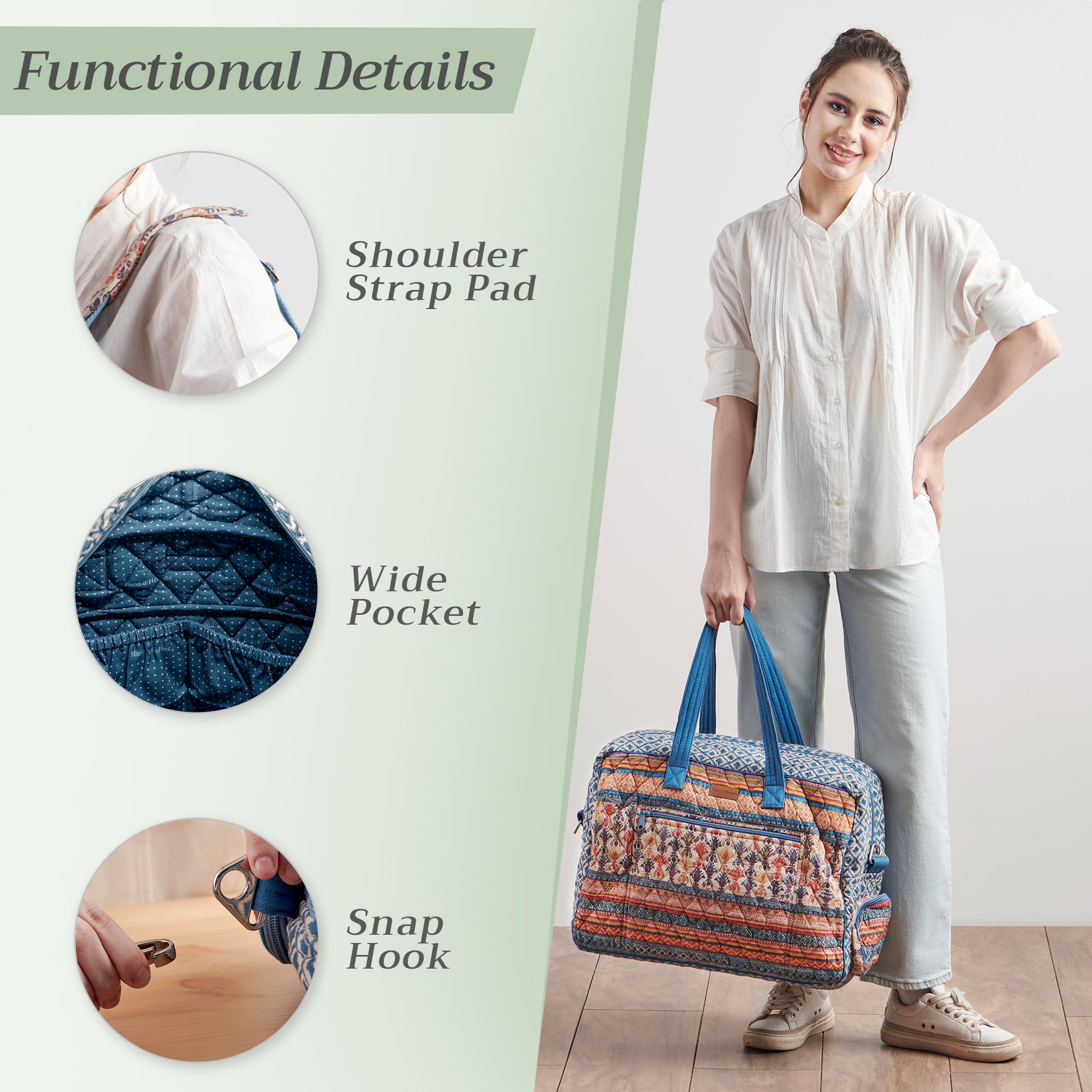 Maison d'Hermine Quilted Cotton Weekender Bag - Stylish Overnight Duffel for Travel, Gym & Business | Perfect Gift for Men & Women | Family Trip & Business Travel Essential | Ikat Pattern Design