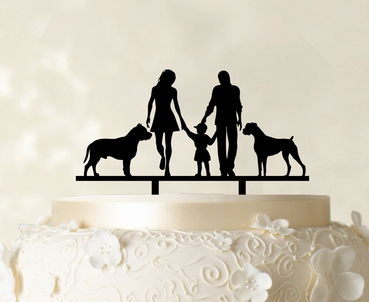 Custom Wedding Cake Topper with Family Silhouette - Bride, Groom, Child & Pets - 6