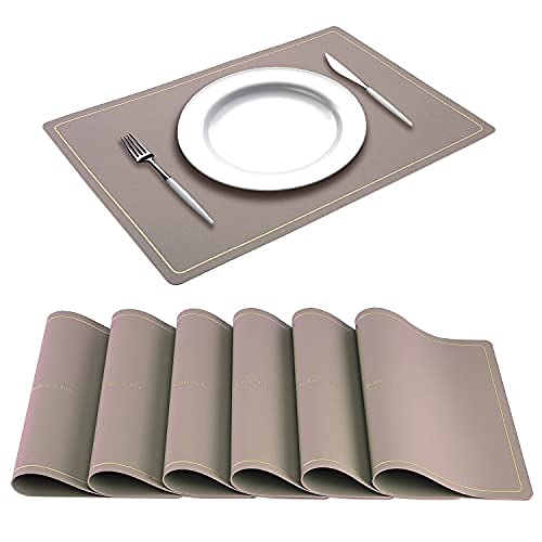 VUDECO Set of 6 Faux Leather Placemats - Heat Resistant, Waterproof & Stain Resistant Modern Dining Table Mats in Grey | Perfect for Everyday Meals, Dinner Parties & Holiday Gatherings